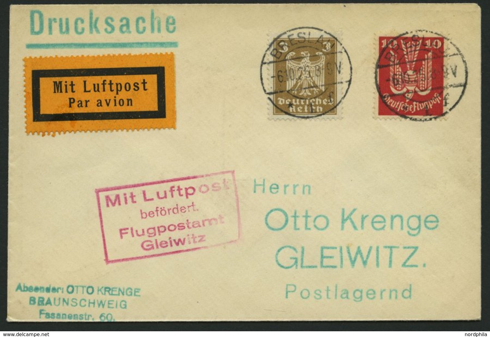 LUFTPOSTBESTÄTIGUNGSSTPL 45-01a BRIEF, GLEIWITZ In Rot, Drucksache Von BRESLAU Nach Gleiwitz, Prachtbrief - Luft- Und Zeppelinpost