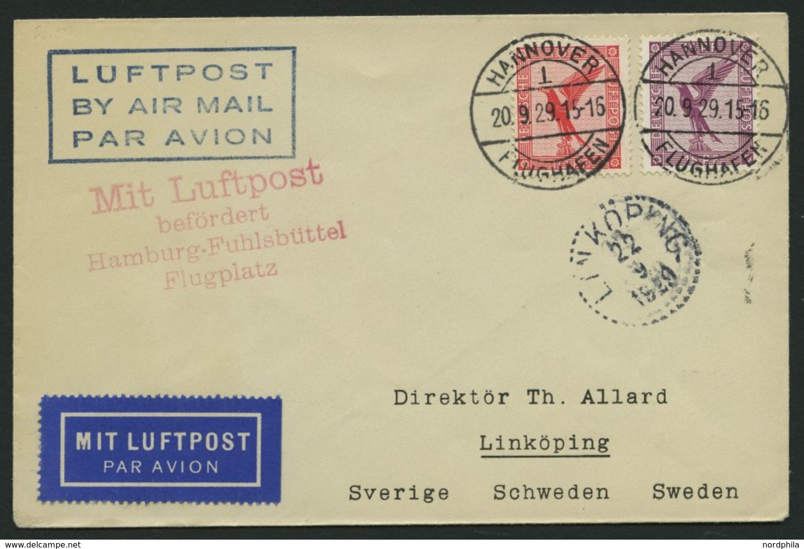 LUFTPOSTBESTÄTIGUNGSSTPL 51-04 BRIEF, HAMBURG, FUHLSBÜTTEL Flugplatz, L4, Prachtbrief Von HANNOVER Nach Linköping/Schwed - Poste Aérienne & Zeppelin