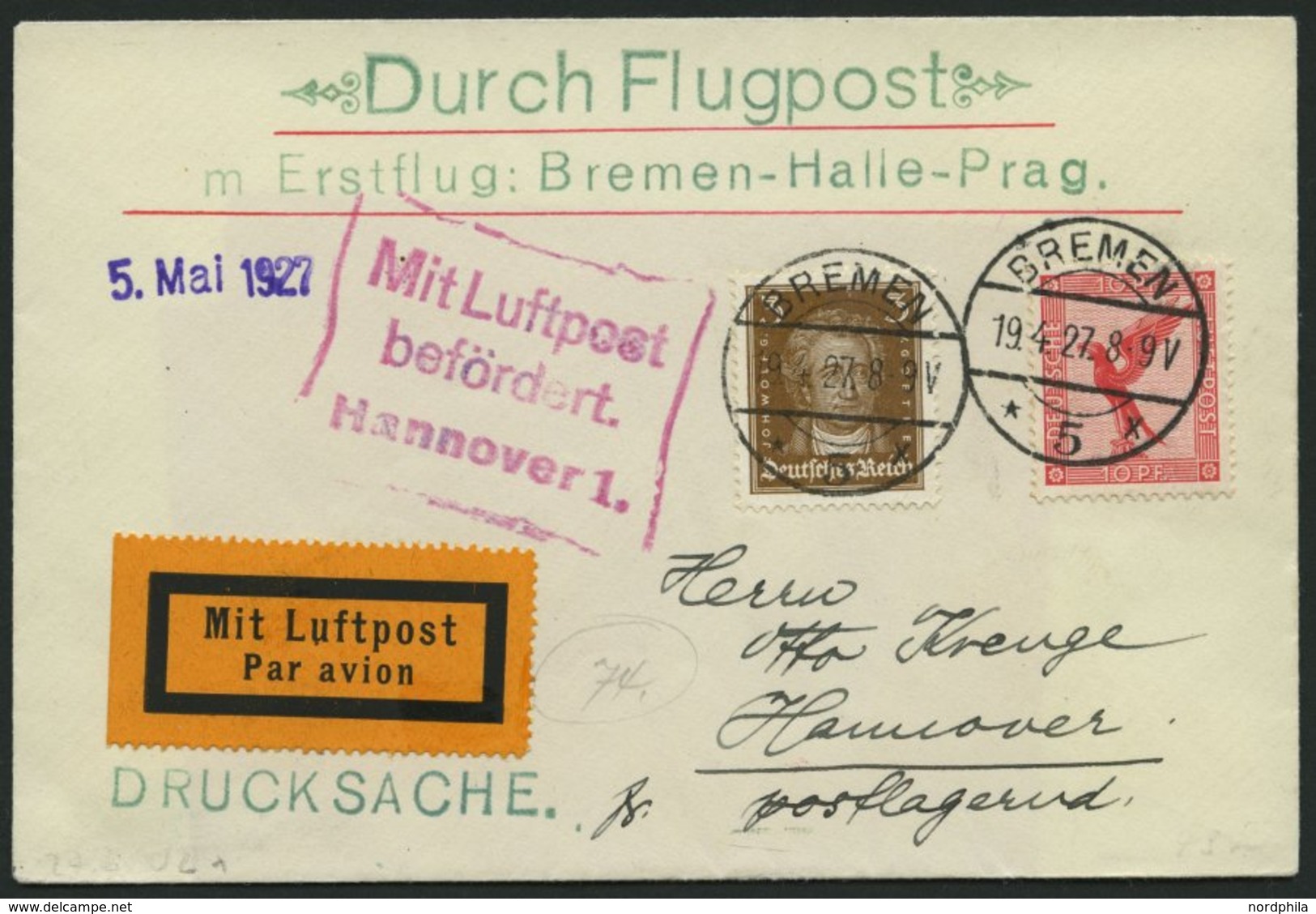 LUFTPOSTBESTÄTIGUNGSSTPL 52-02a BRIEF, HANNOVER, R3 In Rot, Auf Erstflug Bremen-Halle-Prag, Drucksache, Pracht - Posta Aerea & Zeppelin