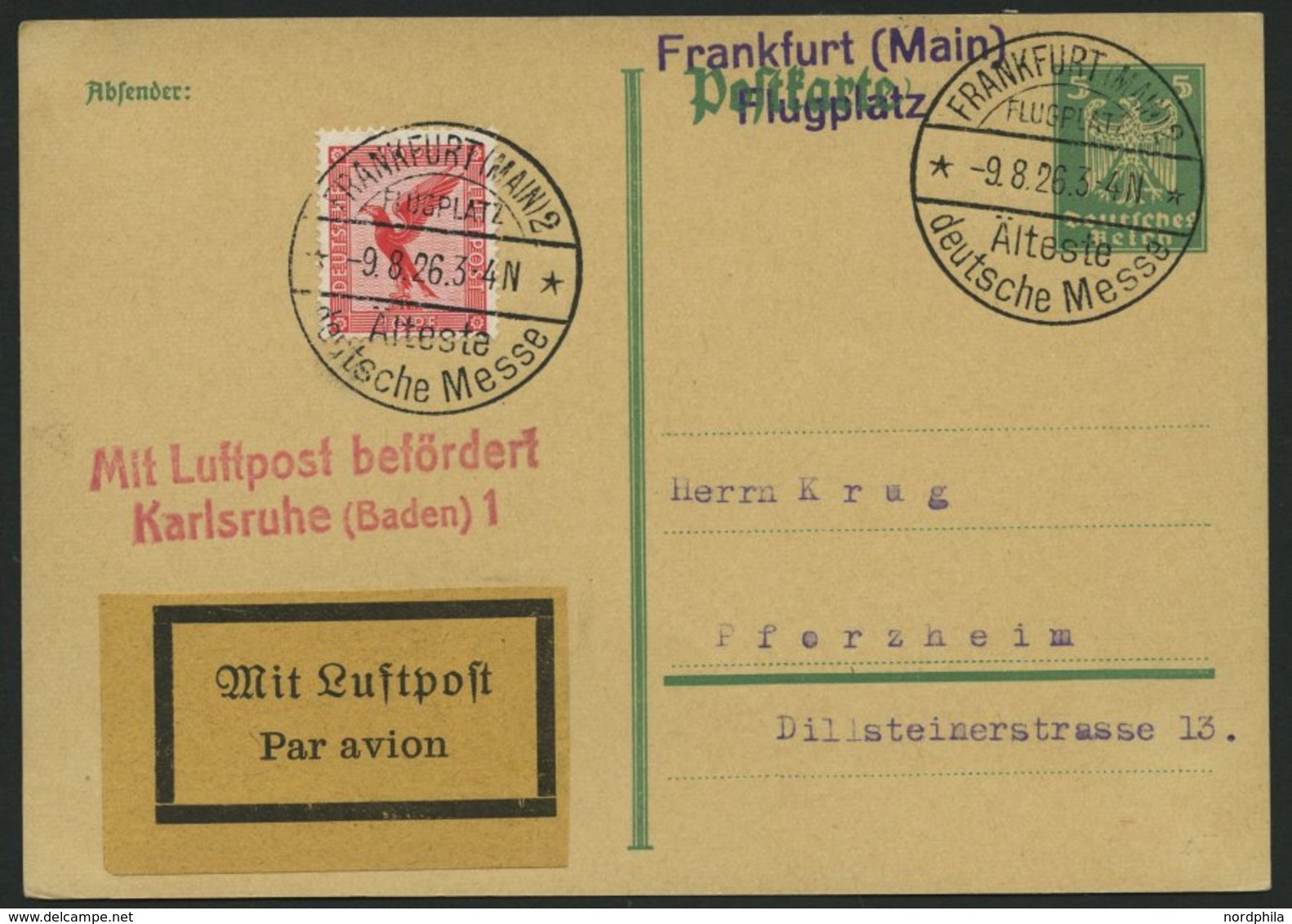 LUFTPOSTBESTÄTIGUNGSSTPL 59-02a BRIEF, KARLSRUHE 1, L2 In Rot, Postkarte Von FRANKFURT (MAIN) 2 Nach Pforzheim, Pracht - Poste Aérienne & Zeppelin