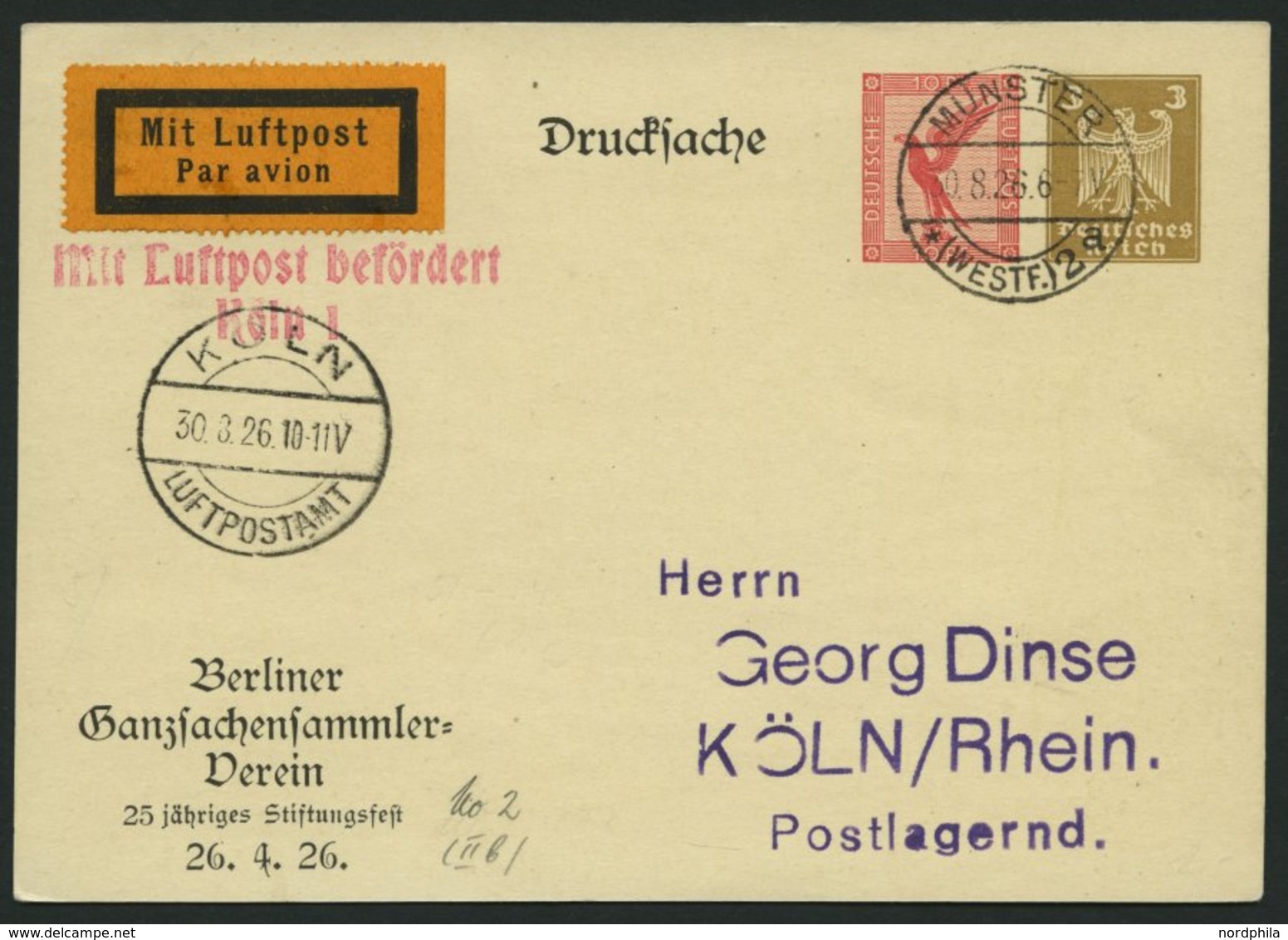 LUFTPOSTBESTÄTIGUNGSSTPL 63-02 BRIEF, KÖLN 1, L2, LPP 111 Von MÜNSTER Nach Köln/Rhein, Prachtkarte - Posta Aerea & Zeppelin