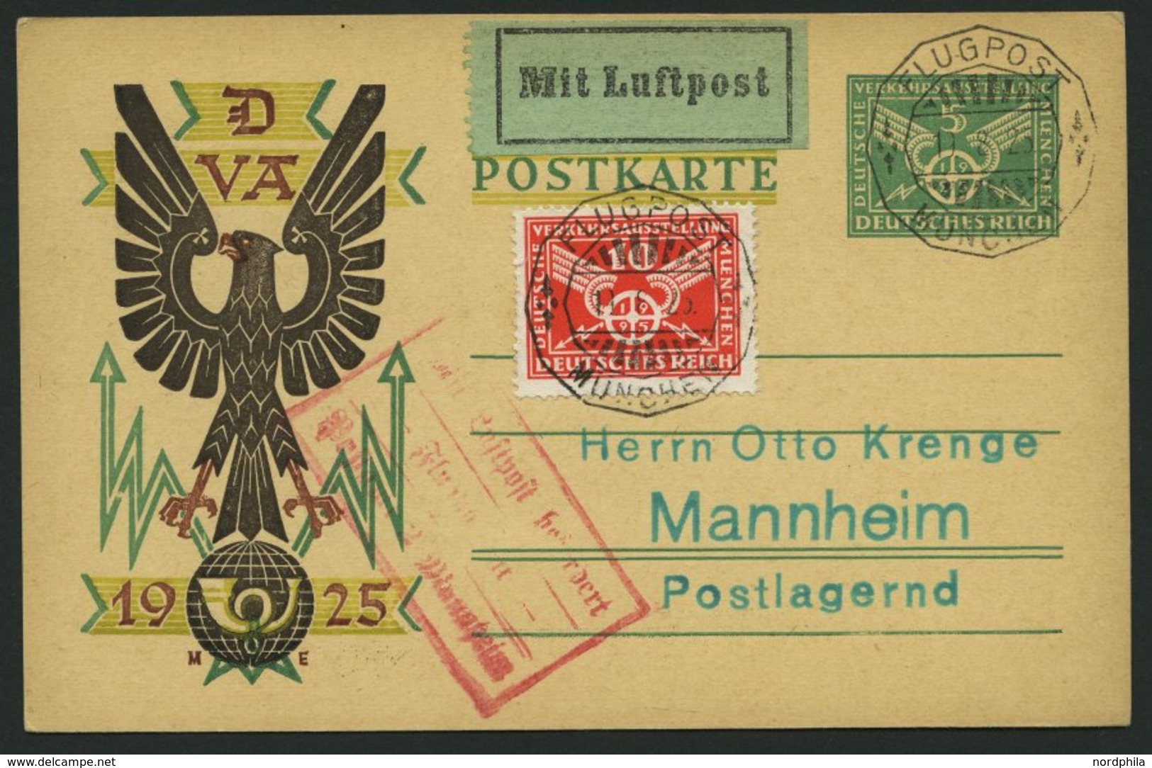 LUFTPOSTBESTÄTIGUNGSSTPL 72-02a BRIEF, MANNHEIM In Rot, Postkarte Mit Flupoststempel MÜNCHEN Nach Mannheim, Prachtkarte - Luft- Und Zeppelinpost
