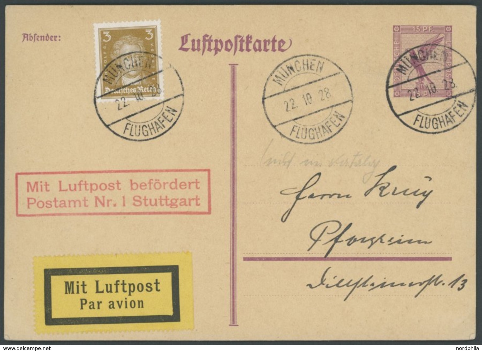 LUFTPOSTBESTÄTIGUNGSSTPL 99-03a BRIEF, STUTTGART, R2 In Rot, Luftpostkarte Von MÜNCHEN Nach Pforzheim, Pracht - Luft- Und Zeppelinpost