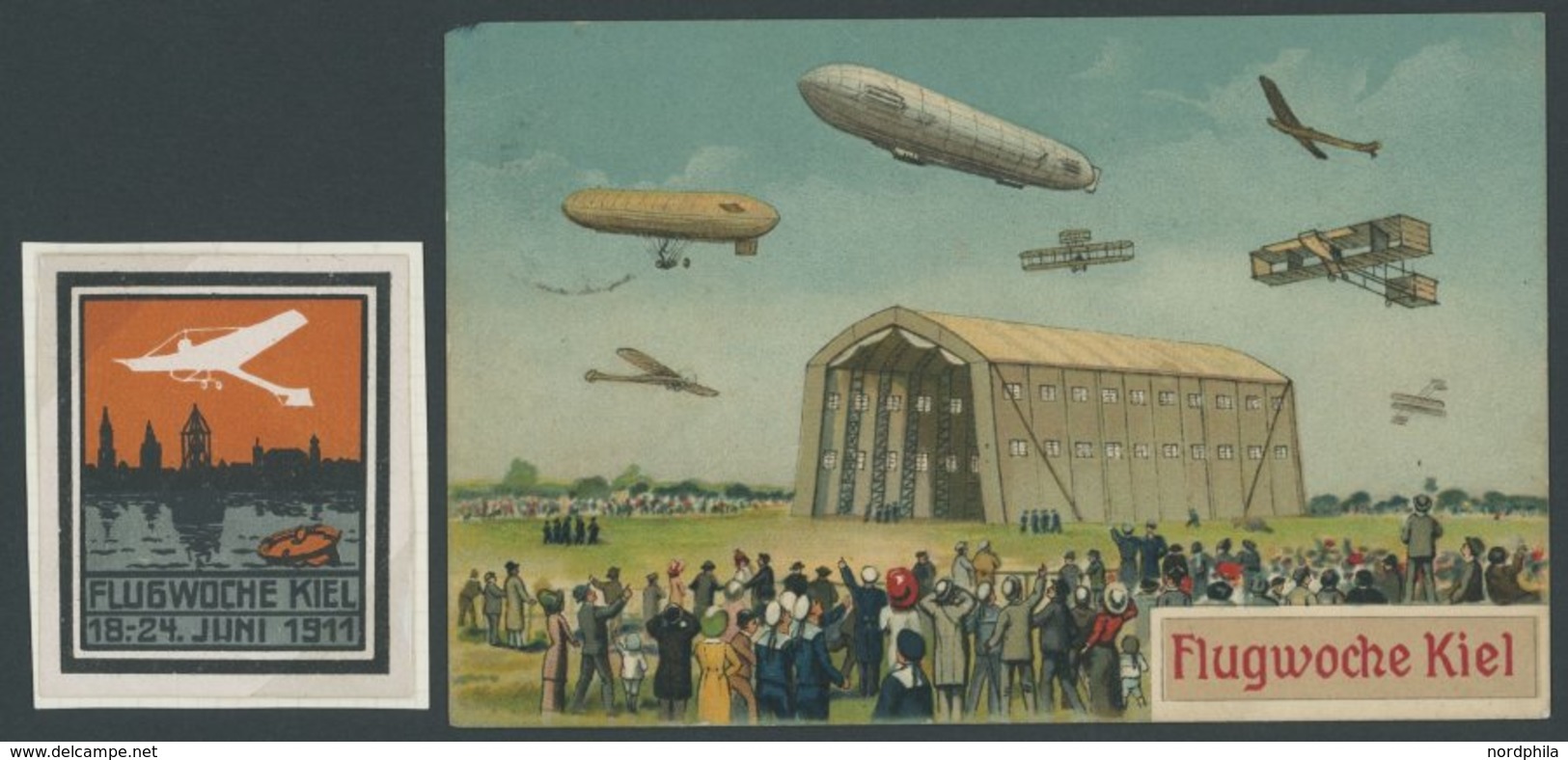 1911, Flugwoche Kiel, Farbige Ansichtskarte (obere Linke Ecke Defekt) Und Vignette Flugwoche Kiel 18.-24. Juni, Pracht - - Zeppeline