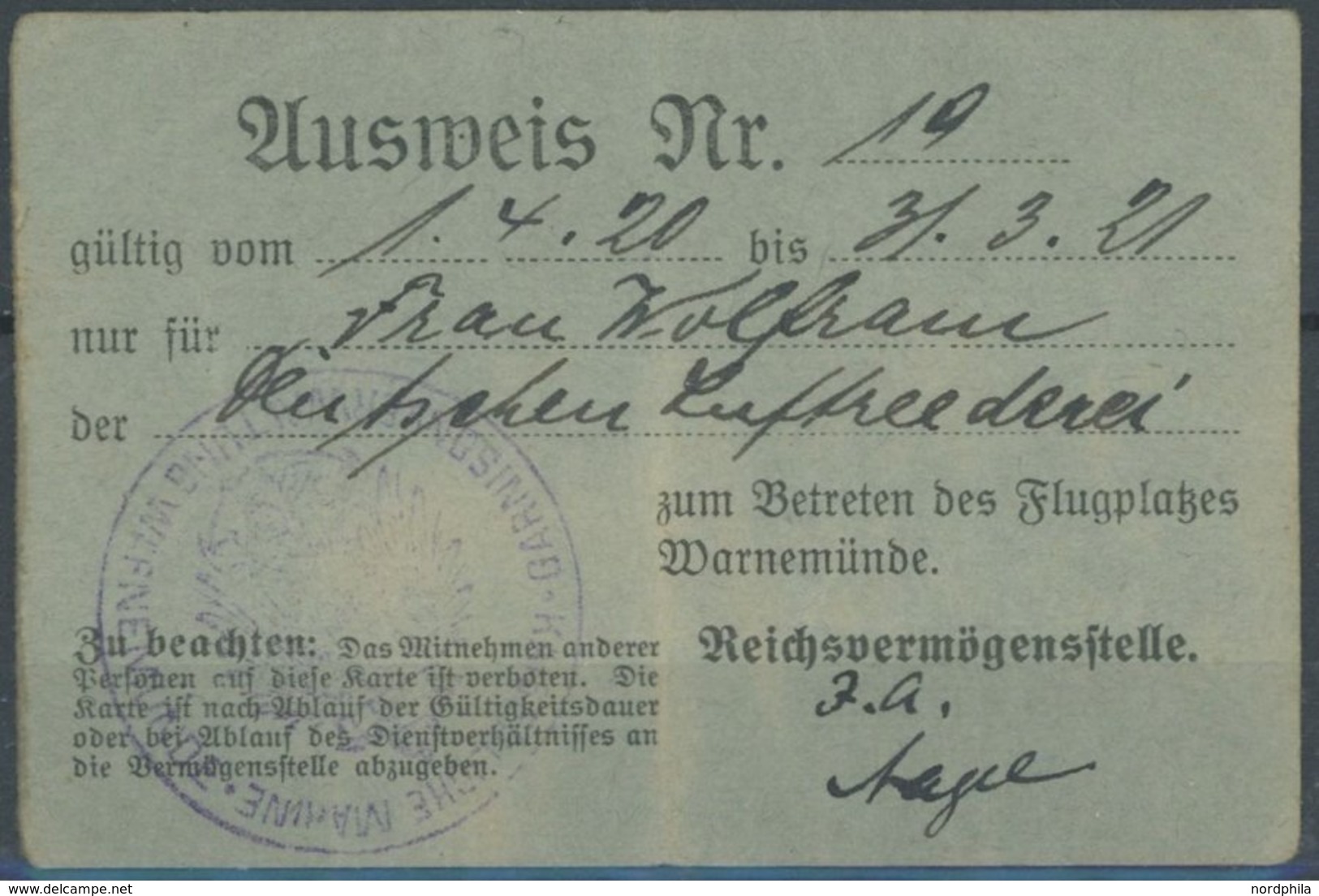 1920/1, Warnemünde: Flugplatzausweis Für Mitarbeiter Der Deutschen Luftreederei Mit Kaiserlichem Adlerstempel Kaiserlich - Zeppeline