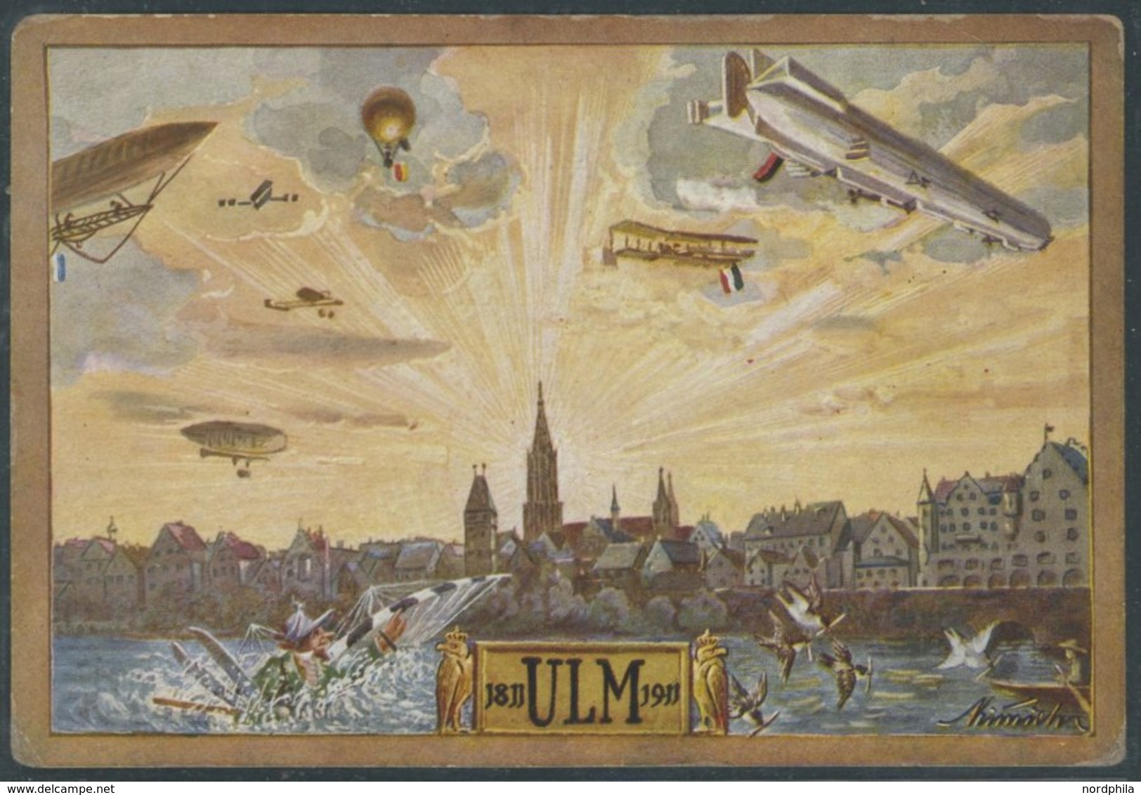 1911, Farbige Ansichtskarte Überlandflug Esslingen-Ulm-Friedrichshafen, Ungebrauchte Künstlerkarte, Ecken Angestoßen Son - Zeppelins