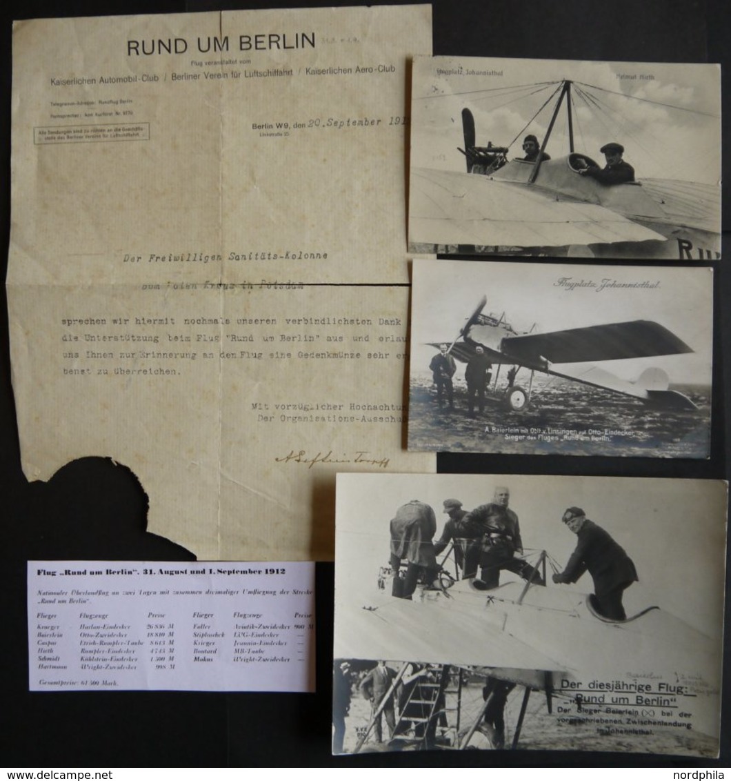 1912, Flug Rund Um Berlin, 31. August Und 1. September 1912, 3 Verschiedene Fotokarten Und Dank-Briefbogen An Sanitäts-K - Zeppeline