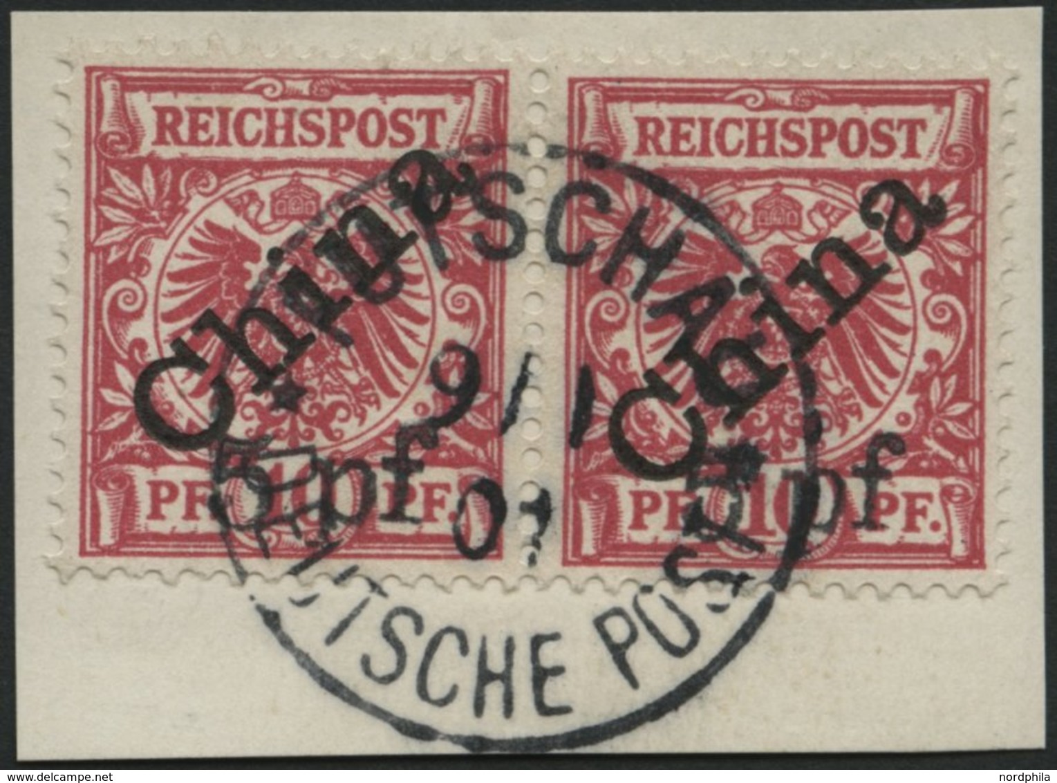 DP CHINA 7IB Paar BrfStk, 1900, 5 Pf. Auf 10 Pf. Diagonaler Aufdruck Im Waagerechten Paar Auf Briefstück, Zentrischer St - Deutsche Post In China