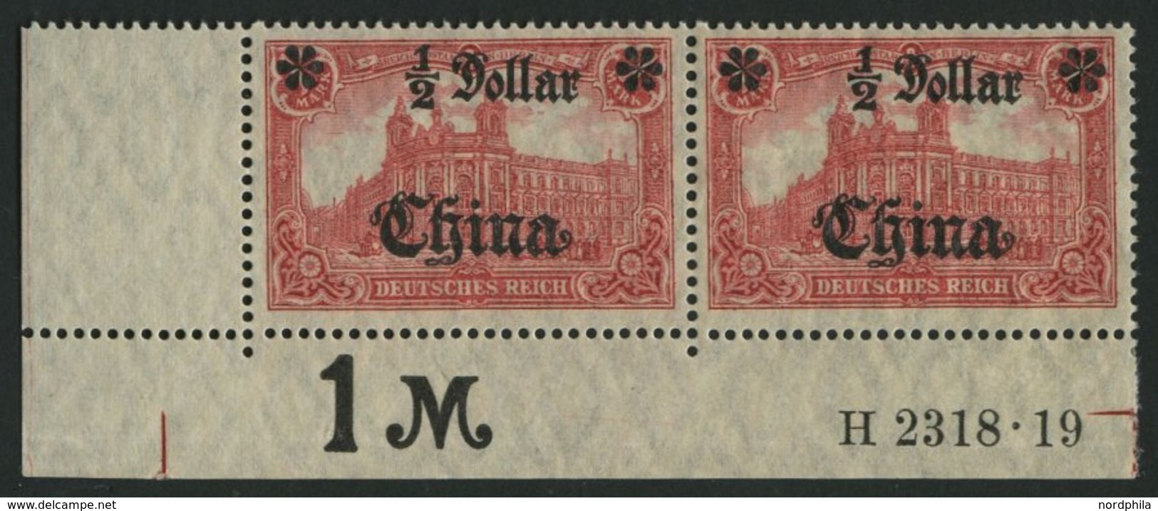 DP CHINA 44IIBR HAN **, 1919, 1/2 D. Auf 1 M., Mit Wz., Kriegsdruck, Aufdruck Glänzend, Im Waagerechten Paar Aus Der Lin - Deutsche Post In China