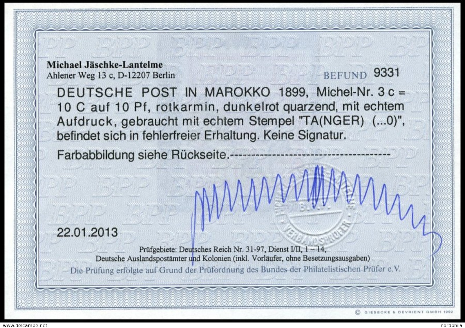 DP IN MAROKKO 3c O, 1899, 10 C. Auf 10 Pf. Rotkarmin, Pracht, Fotobefund Jäschke-L., Mi. 260.- - Deutsche Post In Marokko