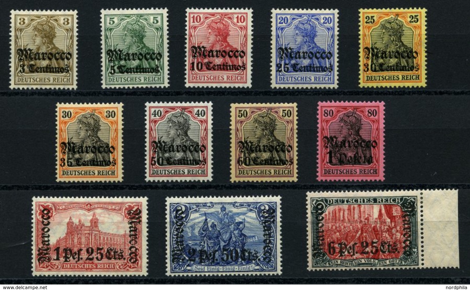DP IN MAROKKO 34-45 *, 1906-11, 3 C. Auf 3 Pf. - 6. P. 25 C. Auf 5 M., Mit Wz., Falzreste, Prachtsatz, Mi. 630.- - Deutsche Post In Marokko