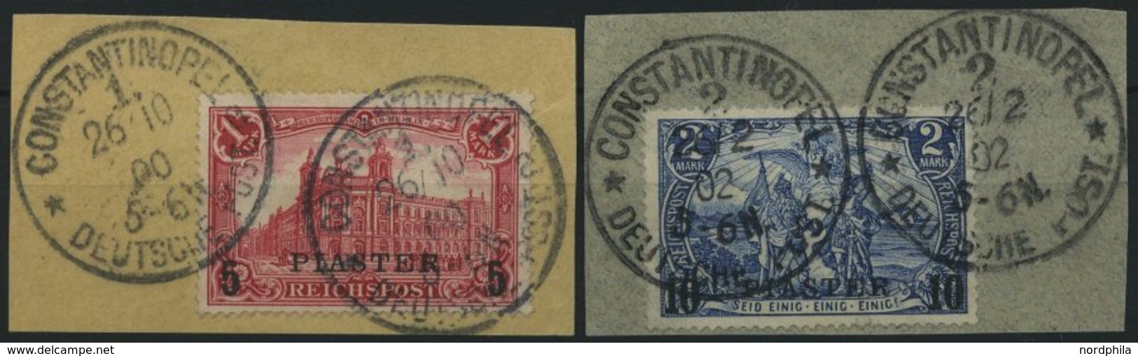 DP TÜRKEI 20/1I BrfStk, 1900, 5 PIA. Auf 1 M. Und 10 PIA. Auf 2 M., Type I, 2 Prachtbriefstücke, Gepr. Bothe, Mi. (105.- - Turquie (bureaux)