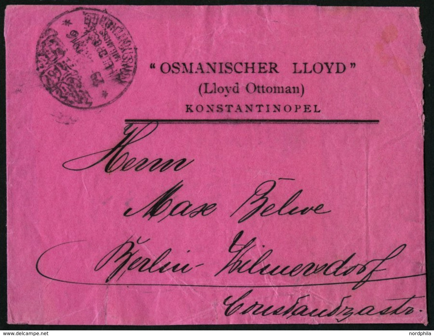 DP TÜRKEI 1916, Feldpost Mil. Miss. KONSTANTINOPEL Auf Violetten Streifband Osmanischer Lloyd, Pracht - Deutsche Post In Der Türkei