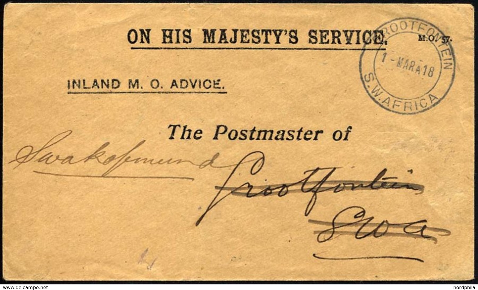 DSWA O.H.M.S./M.O. 57, Stempel GROOTFONTEIN Auf Polizeidienstbrief Portofrei Nach Swakopmund, Pracht - Deutsch-Südwestafrika