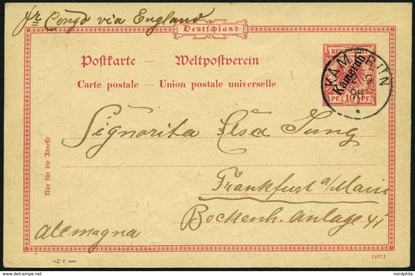 KAMERUN P 2 BRIEF, 1898, 10 Pf. Karmin, Stempel KAMERUN, Mit Rückseitiger Zeichnung Ein Afrikanischer Traum, über Fr. Co - Kamerun