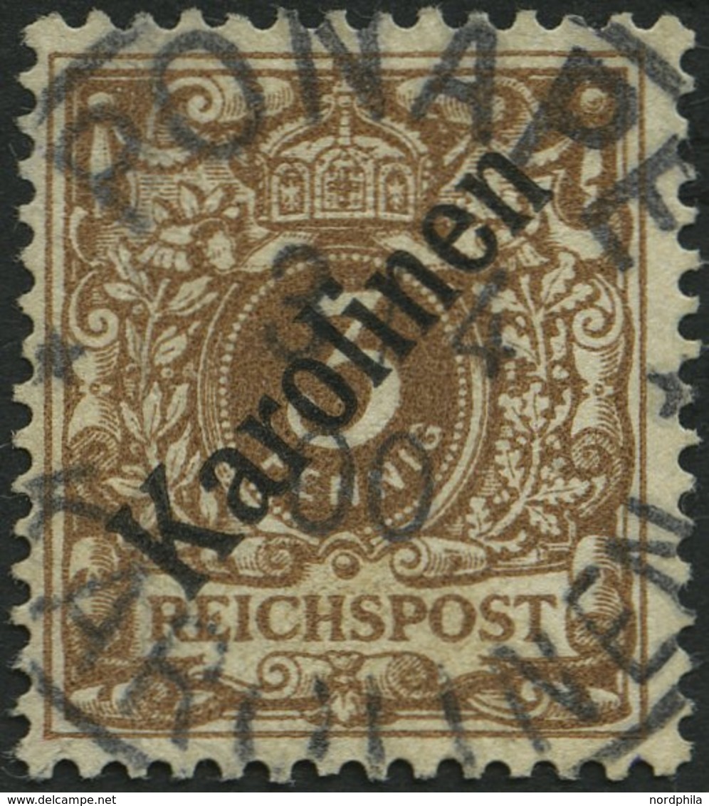 KAROLINEN 1I O, 1899, 3 Pf. Diagonaler Aufdruck, Leichte Senkrechte Bugspur Sonst Pracht, Gepr. U.a. W. Engel, Mi. 850.- - Karolinen