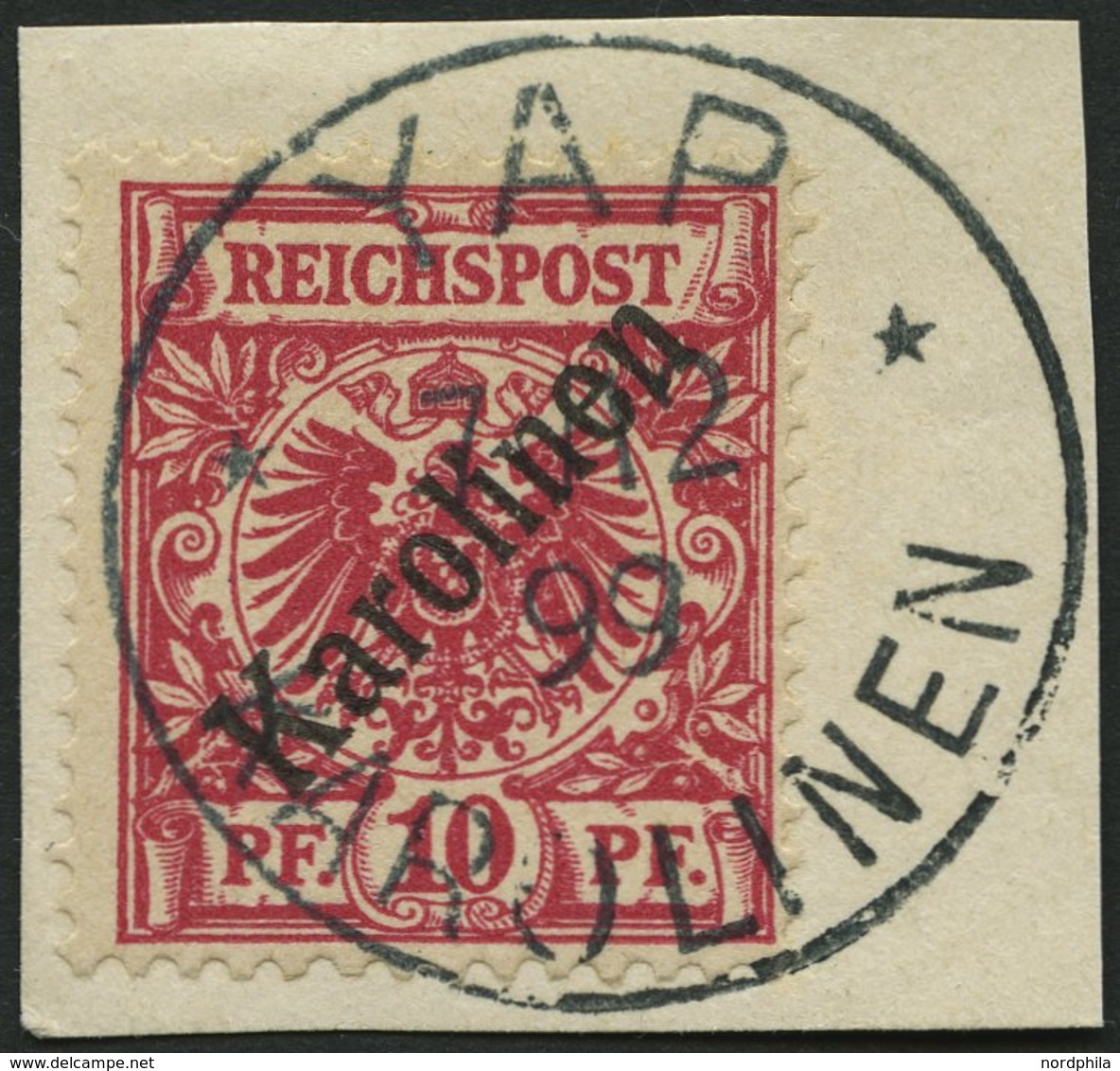 KAROLINEN 3I BrfStk, 1899, 10 Pf. Diagonaler Aufdruck, Stempel YAP, Prachtbriefstück, Mi. (160.-) - Karolinen
