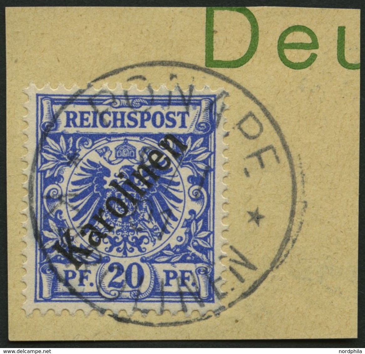 KAROLINEN 4I BrfStk, 1899, 20 Pf. Diagonaler Aufdruck, Prachtbriefstück, Gepr. Jäschke-L., Mi. (160.-) - Karolinen