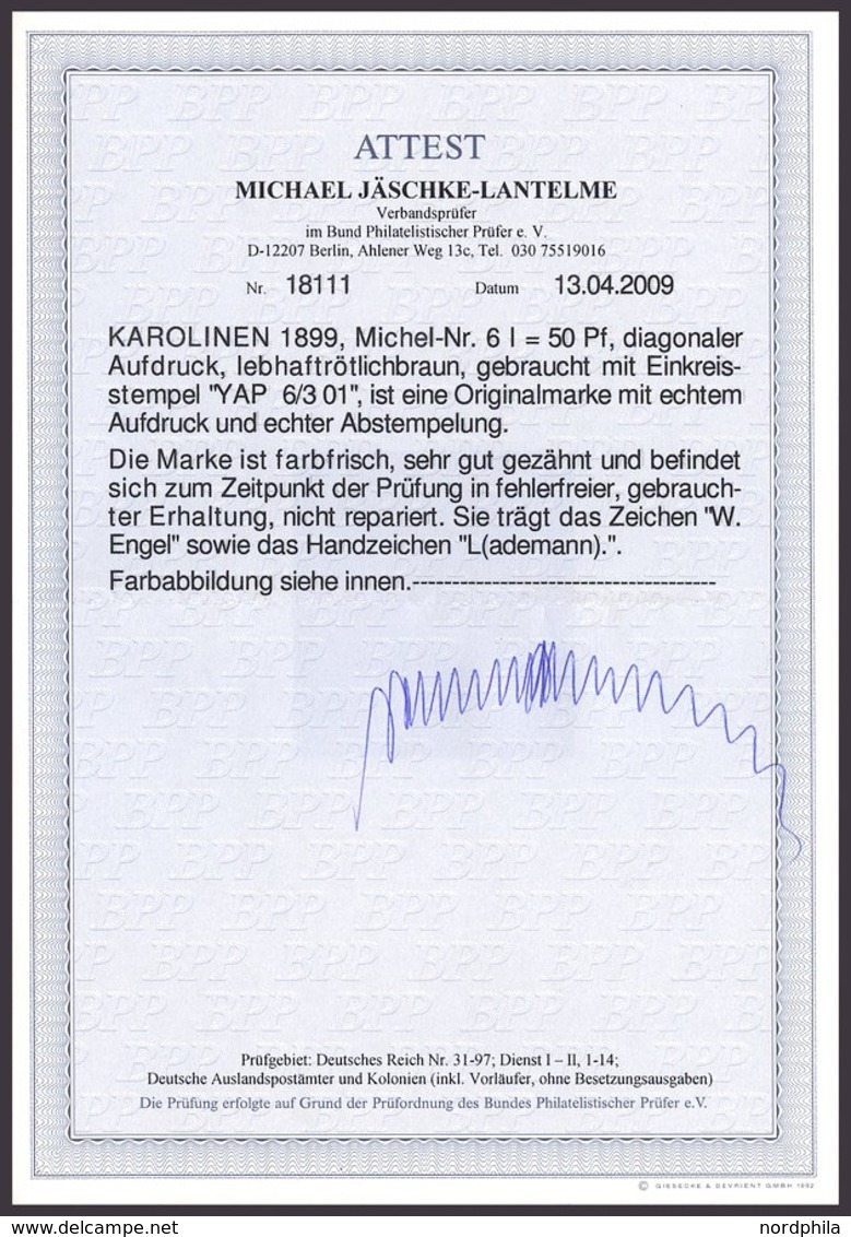 KAROLINEN 6I O, 1899, 50 Pf. Diagonaler Aufdruck, Stempel YAP, Pracht, Fotoattest Jäschke-L., Mi. 1800.- - Carolines