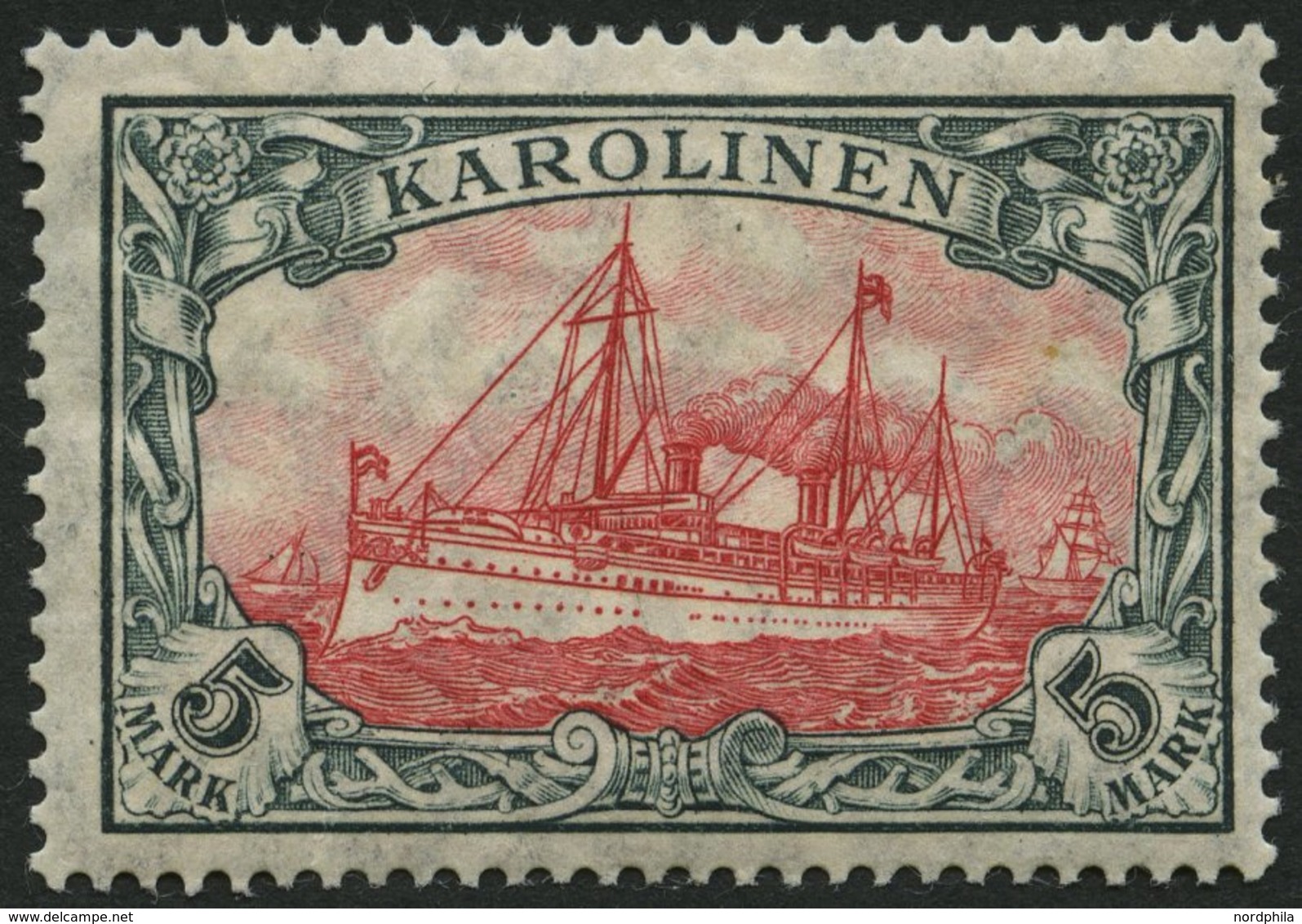 KAROLINEN 22IA *, 1915, 5 M. Grünschwarz/dunkelkarmin, Mit Wz., Friedensdruck, Falzrest, Pracht, Gepr. Jäschke-L., Mi. 2 - Carolines