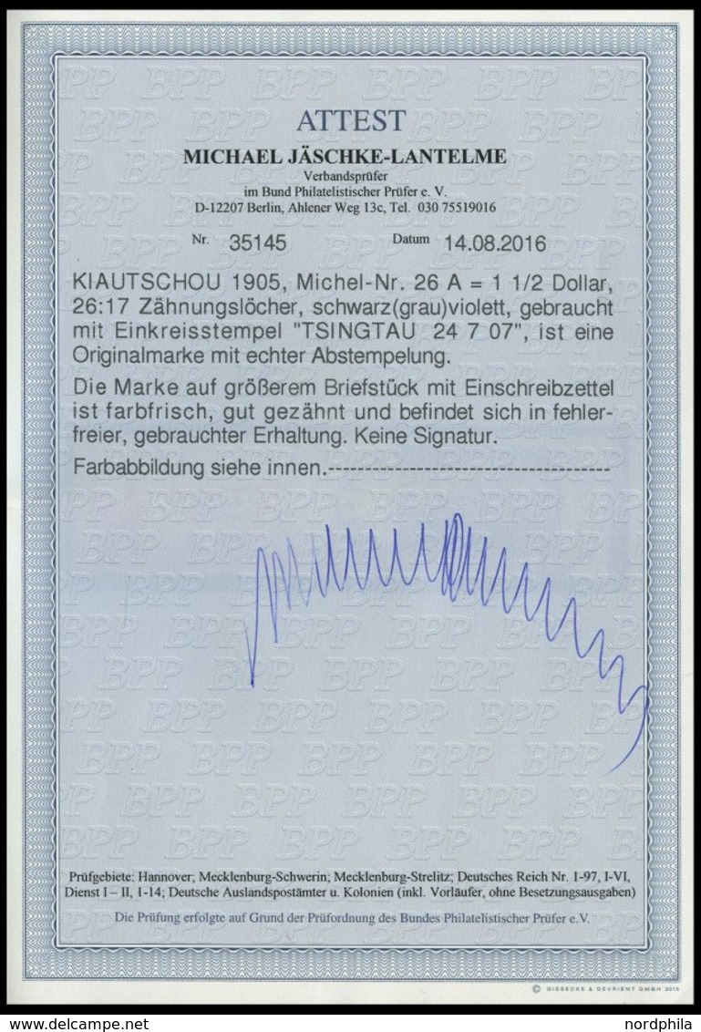 KIAUTSCHOU 26A BrfStk, 1905, 11/2 $ Schwarzviolett, Ohne Wz., Gezähnt A, Großes Prachtbriefstück Mit R-Zettel, Fotoattes - Kiautschou