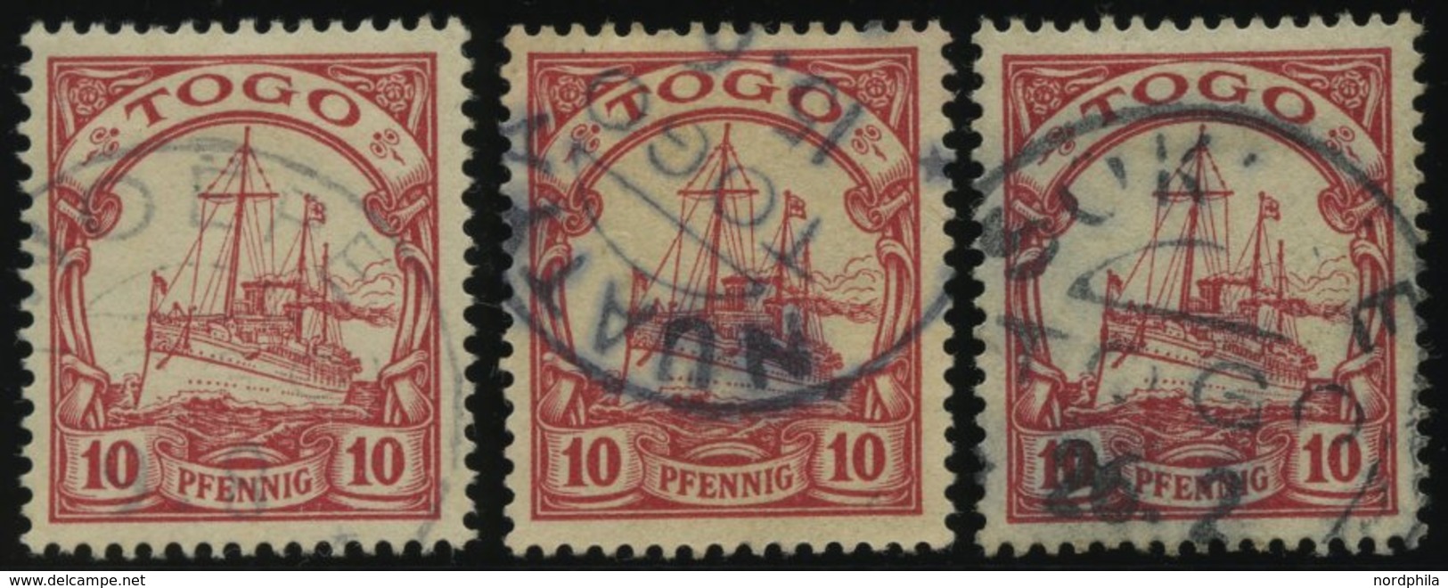 TOGO 9 O, 1900, 10 Pf. Dunkelkarminrot, Ohne Wz., Mit Stempeln NOEPE, NUATYA Und SOKODE, Feinst/Pracht - Togo