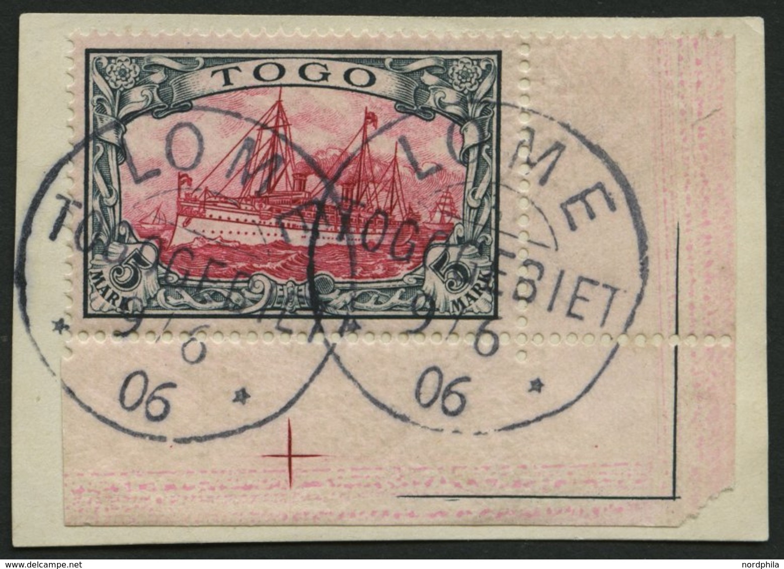 TOGO 19 BrfStk, 1900, 5 M. Grünschwarz/bräunlichkarmin, Ohne Wz., Untere Rechte Bogenecke, Kabinettbriefstück - Togo