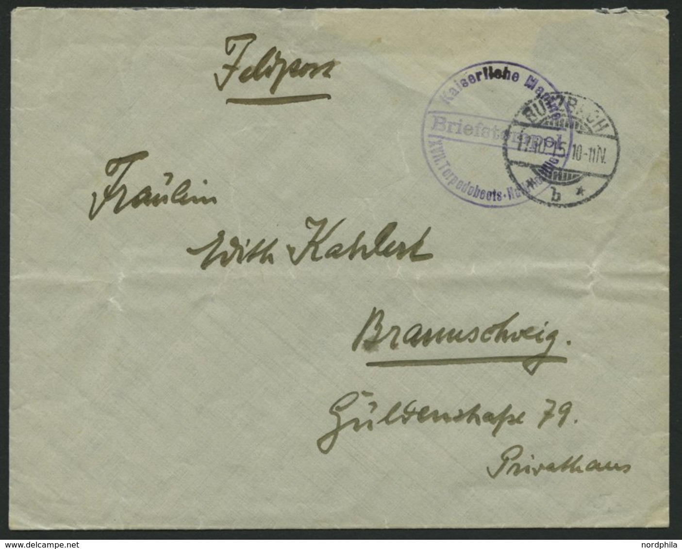 MSP VON 1914 - 1918 (17. Torpedoboot-Halbflottille), 17.10.1915, Violetter Briefstempel, Poststempel Bützbach, Feldpostb - Schiffahrt