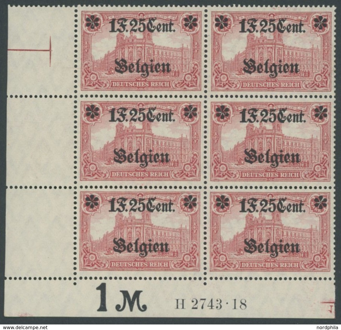 LANDESPOST IN BELGIEN 23IBb **, 1916, 1 F. 25 C. Auf 1 M., Type I, Gezähnt B, Aufdruck Matt, Im Sechserblock Mit HAN H 2 - Besetzungen 1914-18