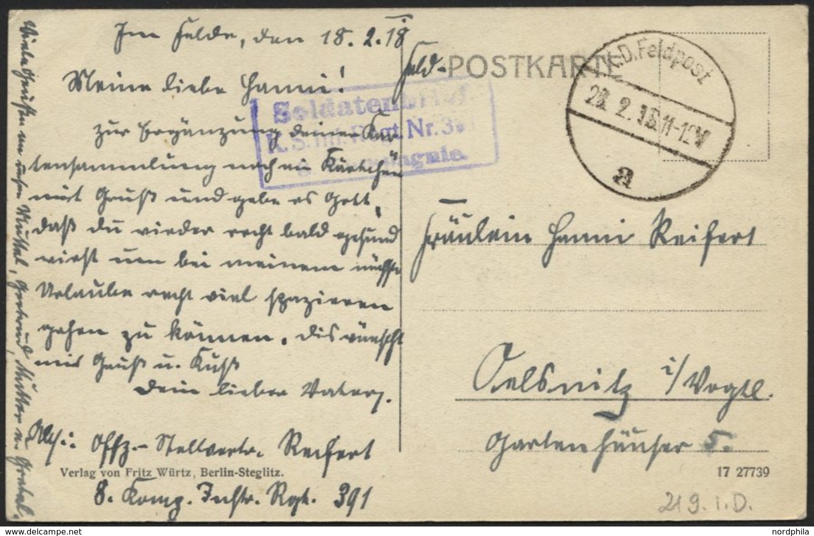 DT. FP IM BALTIKUM 1914/18 219. Infanterie-Division, 20.2.18, Mit Ausgestanztem Stempel K.D. FELDPOST A Auf Ansichtskart - Lettonie