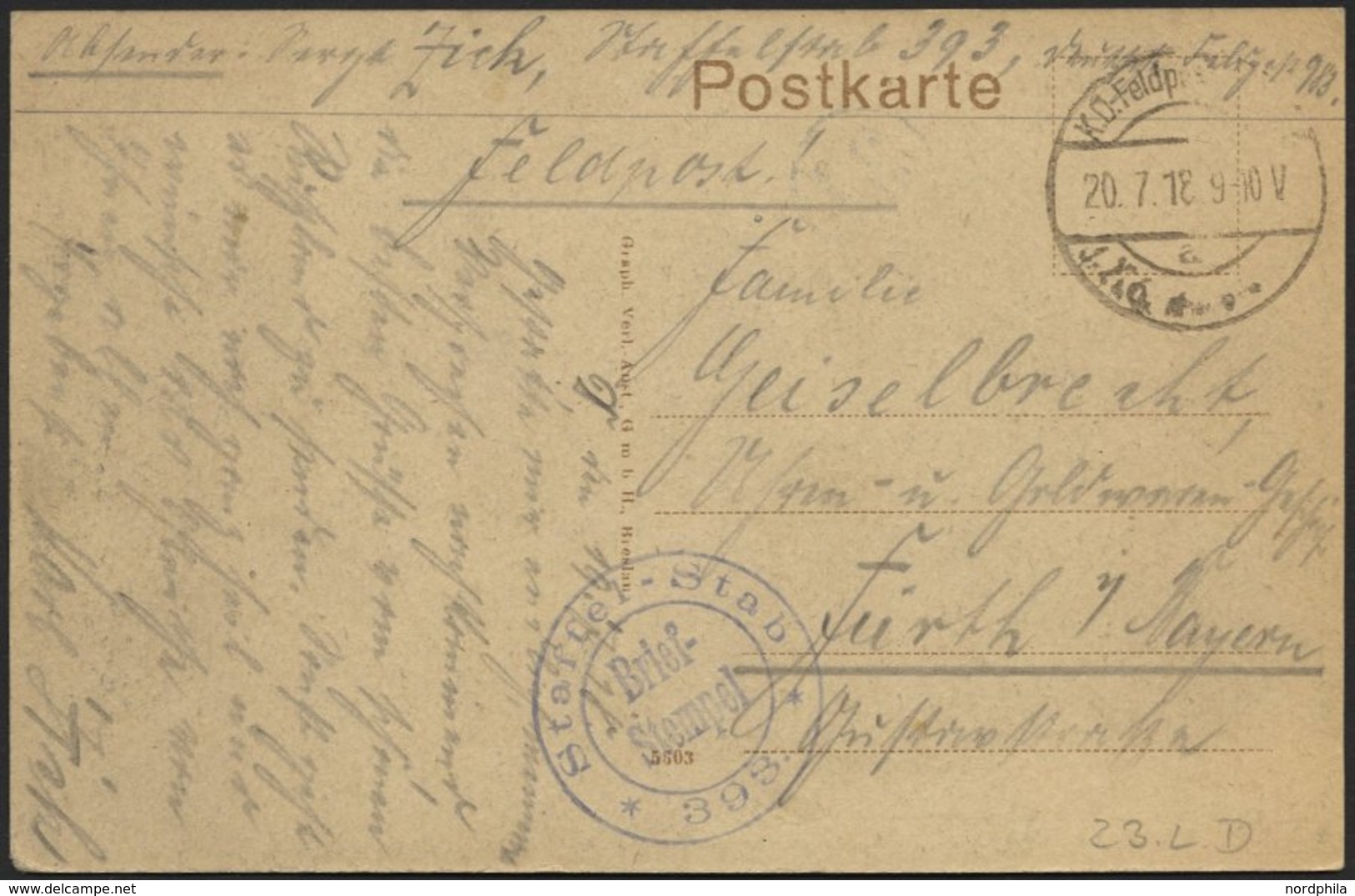 DT. FP IM BALTIKUM 1914/18 23. Landwehr-Division, 20.7.18, Mit Ausgestanztem Stempel K.D. FELDPOST A Auf Ansichtskarte ( - Lettland