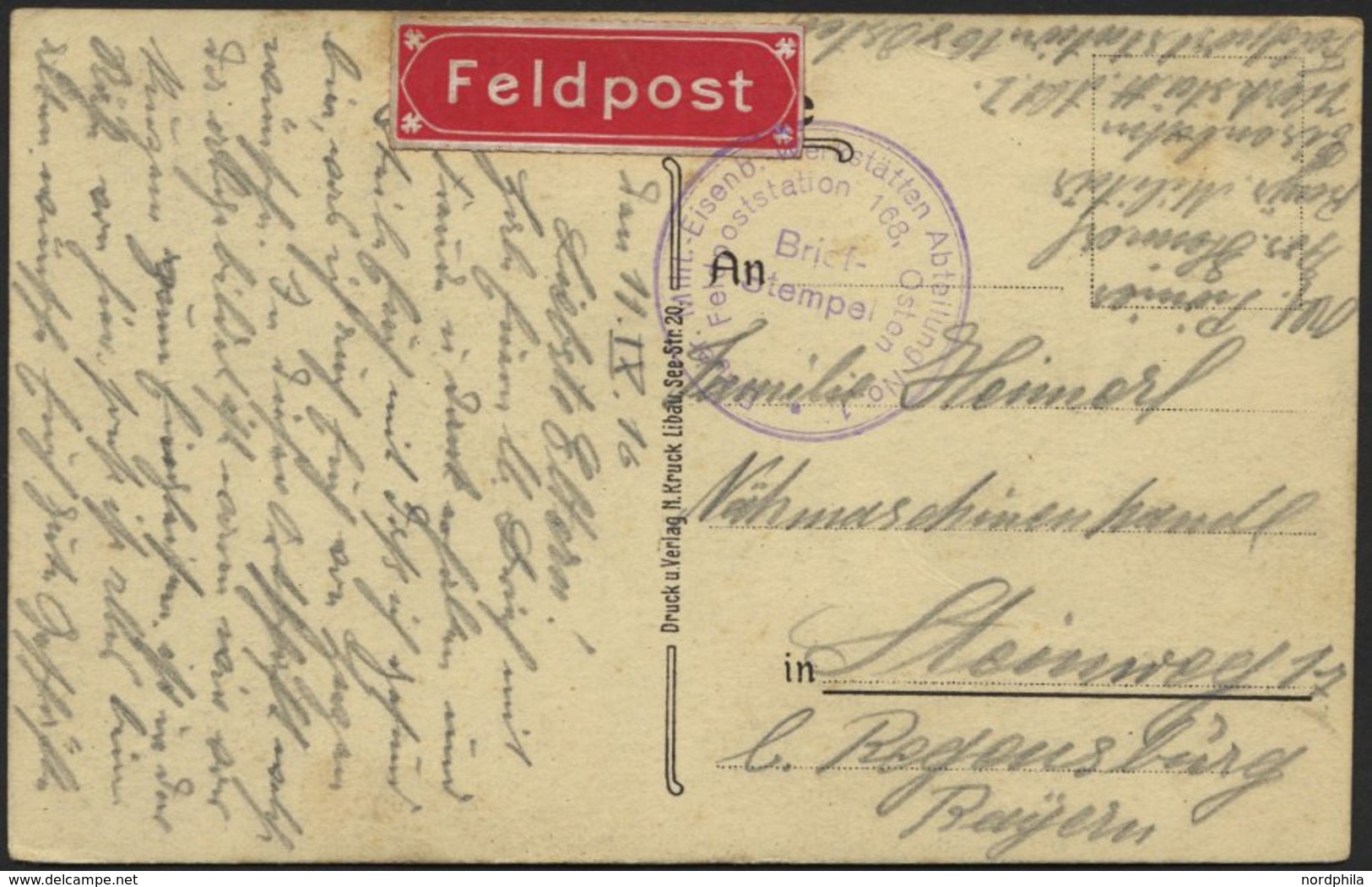 LETTLAND Feldpoststation Nr. 168, 11.9.16 (ohne Feldpoststempel), Auf Ansichtskarte (Grobin) In Die Nähe Von Regensburg, - Lettonie