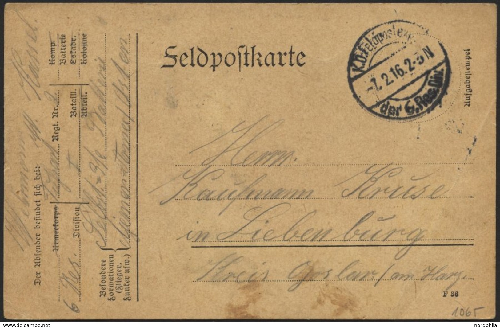 DT. FP IM BALTIKUM 1914/18 K.D. FELDPOSTEXP. DER 6. RES. DIV., 7.2.16, Auf Feldpost-Vordruckkarte Nach Liebenburg/Harz,  - Lettonie