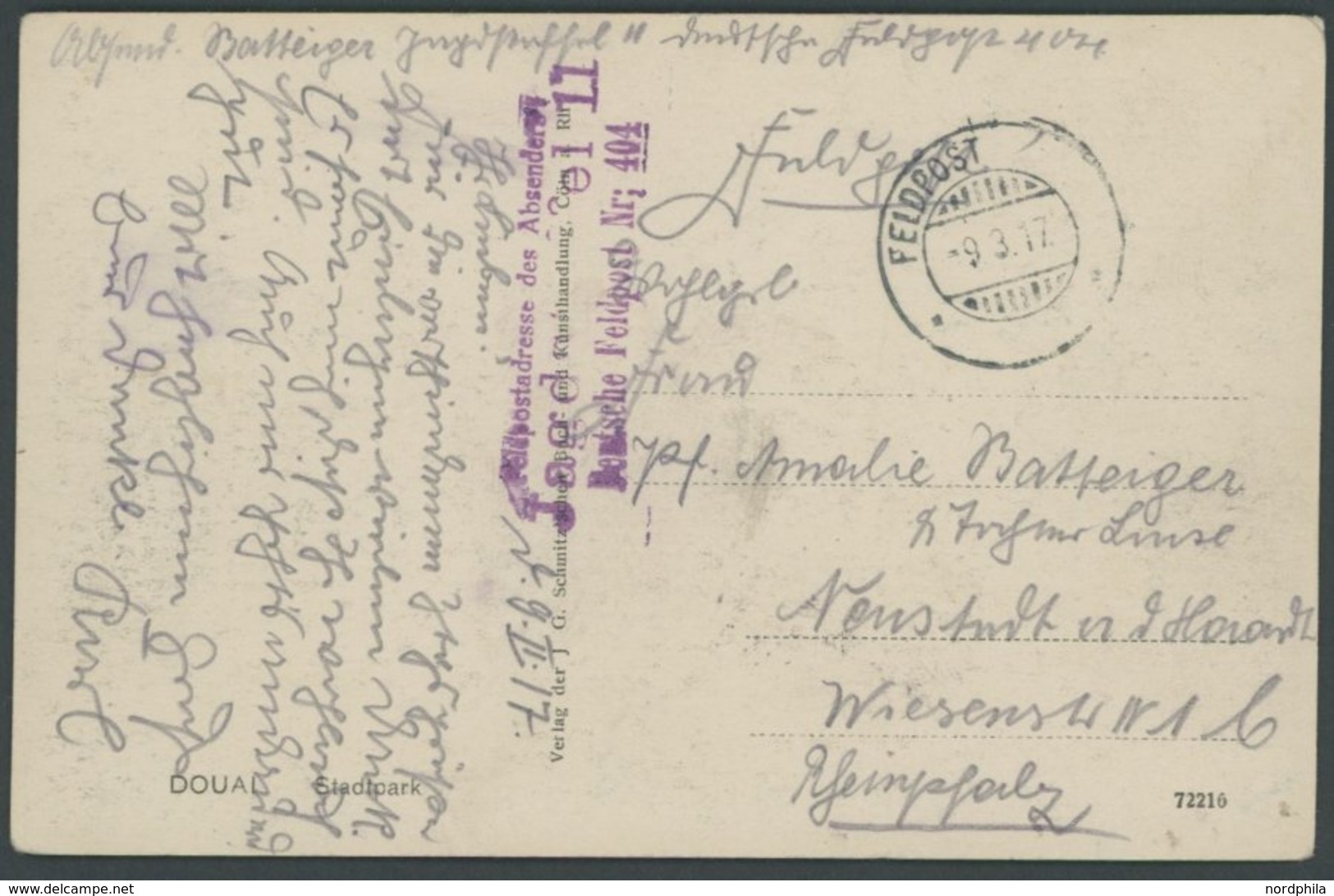 1917, Feldpostkarte Der Richthofen Jagdstaffel 11, FP-Nr. 404, Mit Violettem L3 Dto. Und Stummem Stempel, Pracht -> Auto - Occupazione 1914 – 18