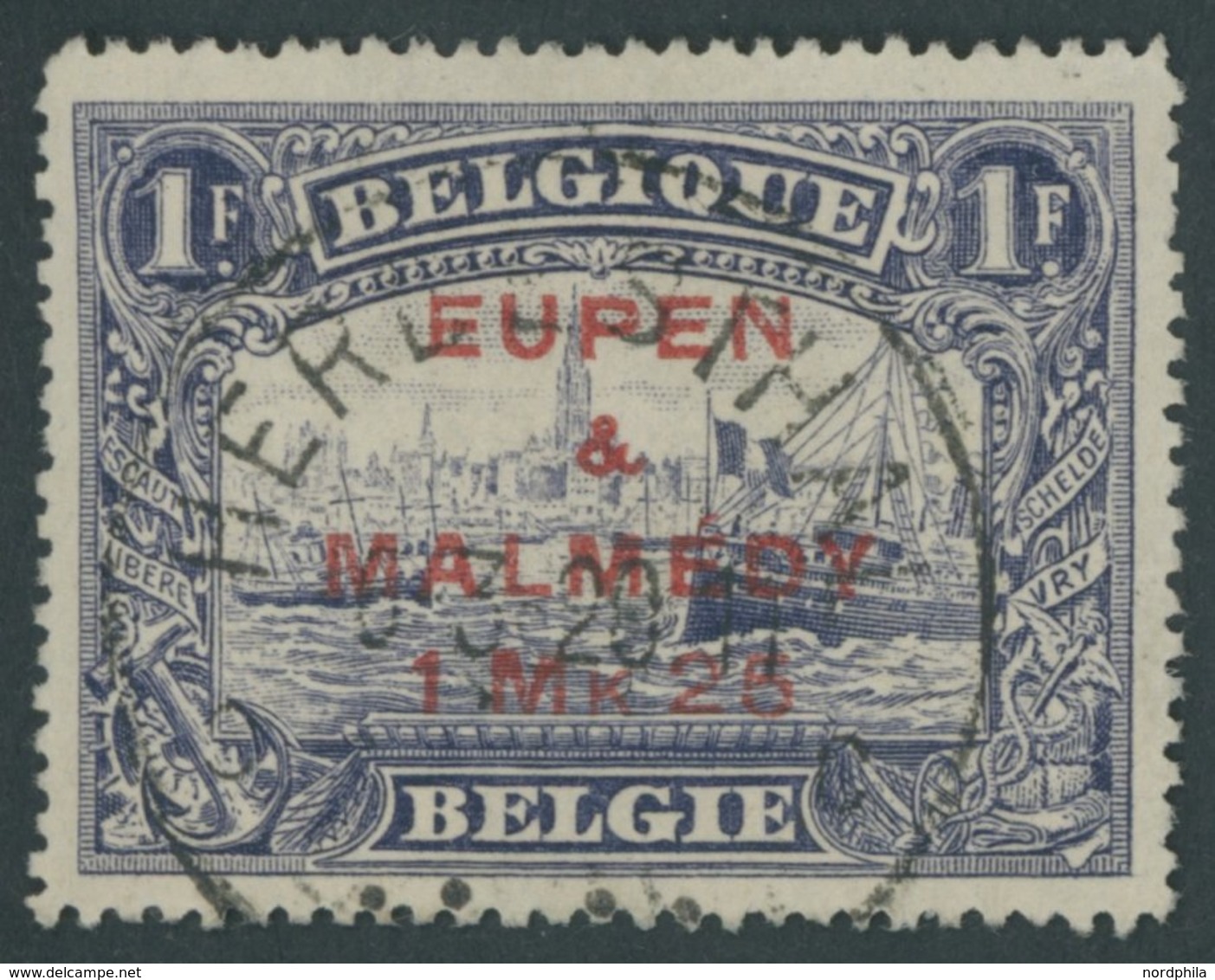 EUPEN U. MALMEDY 7C O, 1920, 1.25 Mk. Auf 1 Fr. Violett, Gezähnt 14 3/4, Pracht, Mi. 250.- - Sonstige & Ohne Zuordnung