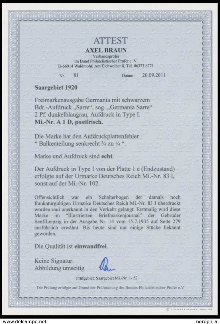 SAARGEBIET A1 PF D **, 1920, 2 Pf. Dunkelblaugrau (schraffierter Hintergrund), Aufdruck Irrtümlich Auf Dt. Reich Mi.Nr.  - Sonstige & Ohne Zuordnung