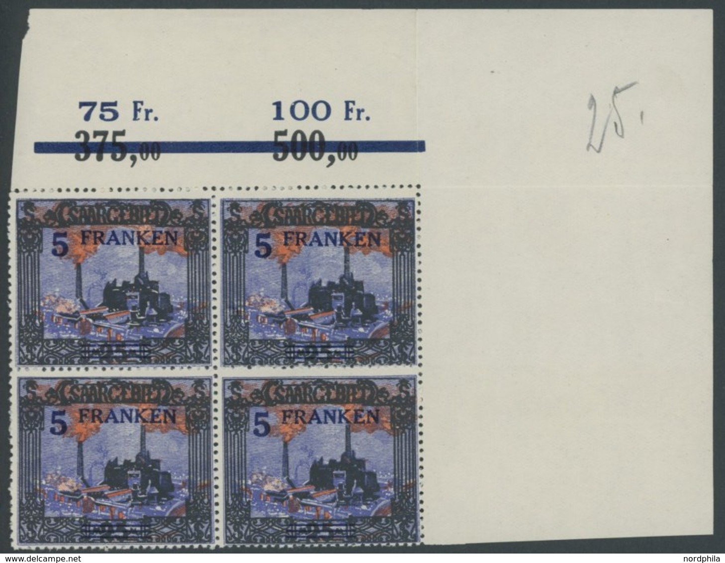 SAARGEBIET 83 VB **, 1921, 5 Fr. Auf 25 M. Burbacher Hütte Im Rechten Oberen Eckrandviererblock, Postfrisch, Pracht - Sonstige & Ohne Zuordnung