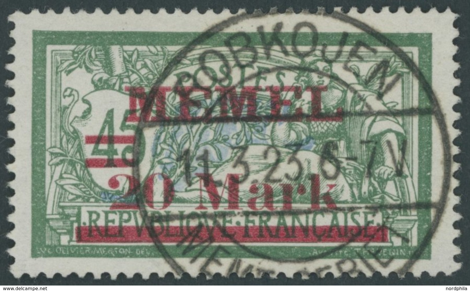 1922, 20 M. Auf 45 C. Dunkelgrün/grauultramarin, Abstand 1.45 Mm, Stempel ROBKOJEN, Pracht, Gepr. Huylmans, Mi (55.-) -> - Memelgebiet 1923