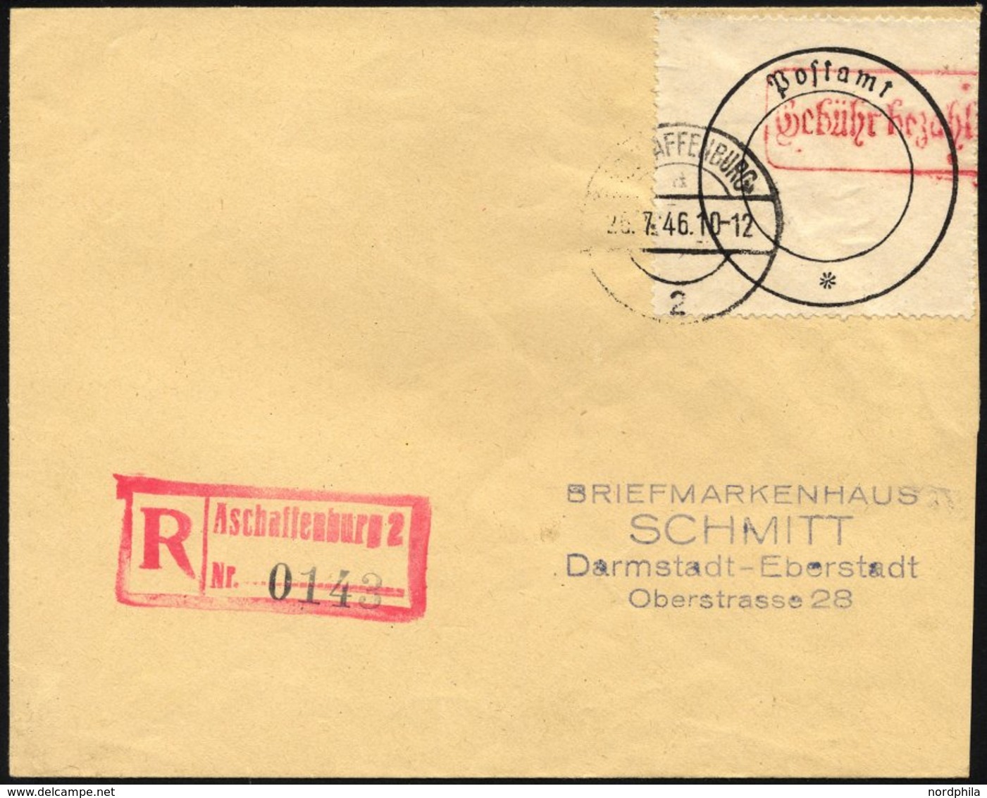 ASCHAFFENBURG 1 BRIEF, 1946, Postverschlusszettel Schwarz/rot Auf Einschreibbrief, Pracht, Mi. 700.- - Sonstige & Ohne Zuordnung
