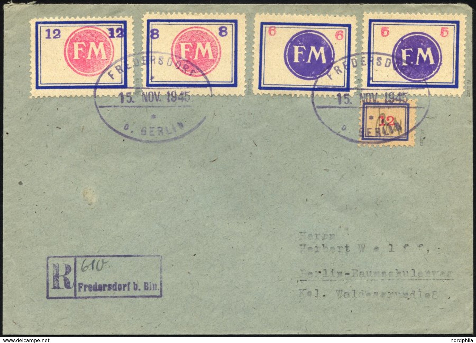 FREDERSDORF Sp124,57-60 BRIEF, 1945, 5 - 12 Pf., Rahmengröße 31x23 Mm, Kleine Wertziffern Mit 12 Pf. Zusatzfrankatur Auf - Postes Privées & Locales
