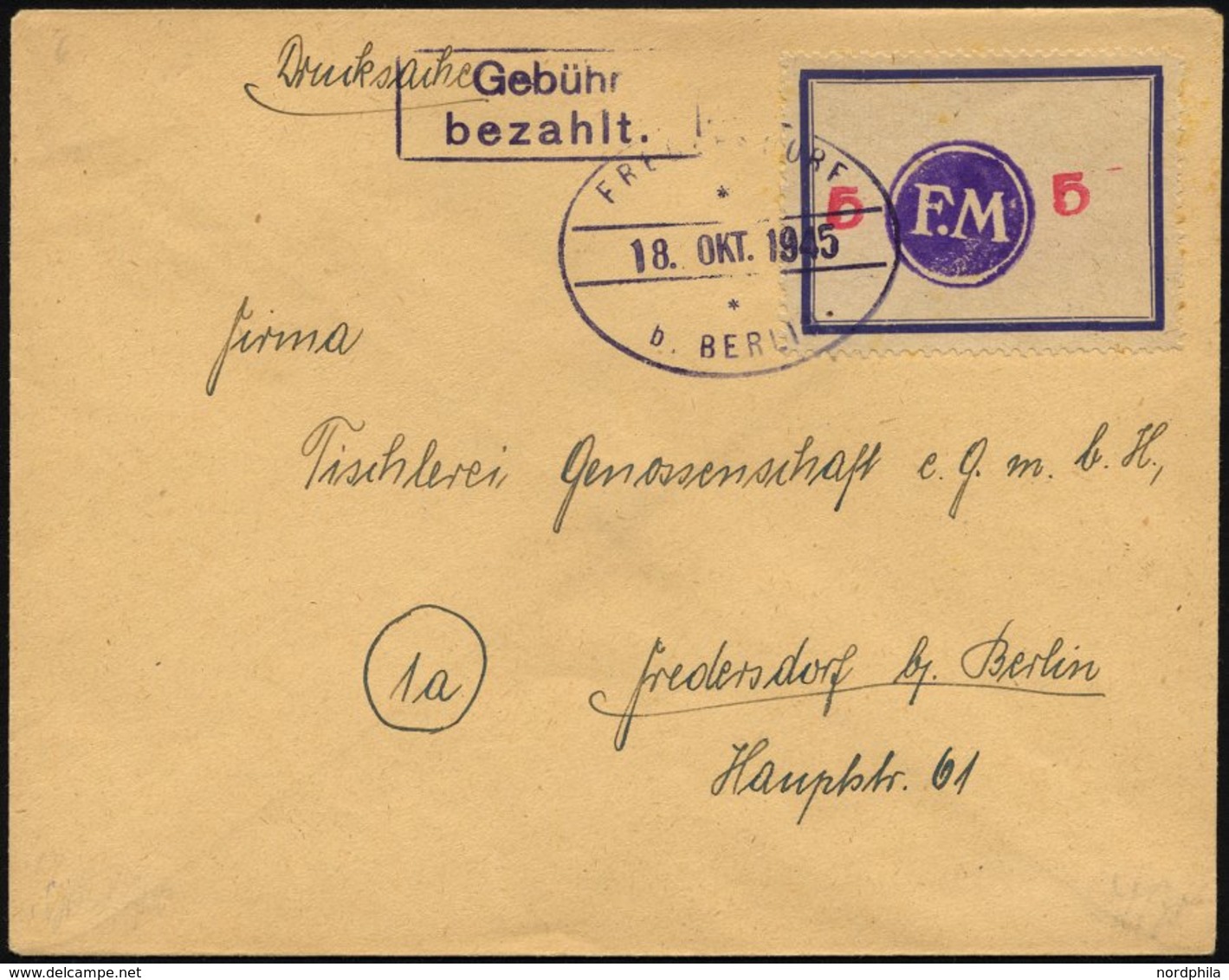 FREDERSDORF Sp 170F BRIEF, 1945, 5 Pf., Rahmengröße 43x31.5 Mm, Große Wertziffern, Mit Abart Wertziffern Seitlich, Auf D - Privatpost