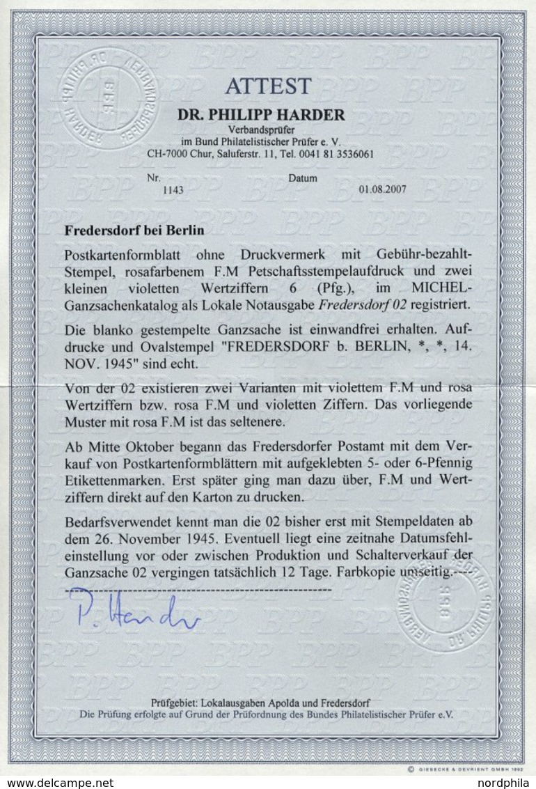 FREDERSDORF PA 02b BRIEF, 1945, Ganzsachenkarte 6 Pf. (FM Rosa Und Wertziffer Violett), Blanko Gestempelt, Pracht, R!, F - Postes Privées & Locales