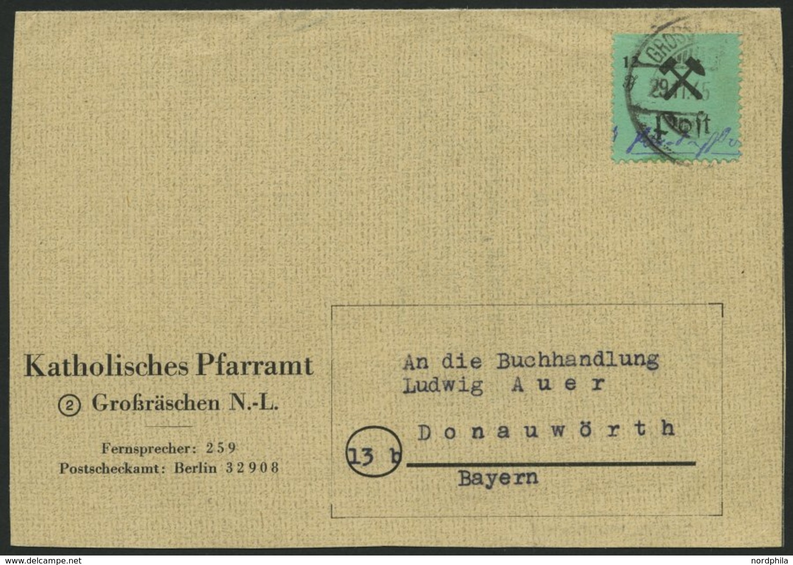 GROSSRÄSCHEN 25IIPFI BRIEF, 1945, 12 Pf. Schwarz Auf Grün, Type II, Mit Plattenfehler P Von Post Offen, Auf Bedarfsbrief - Privatpost