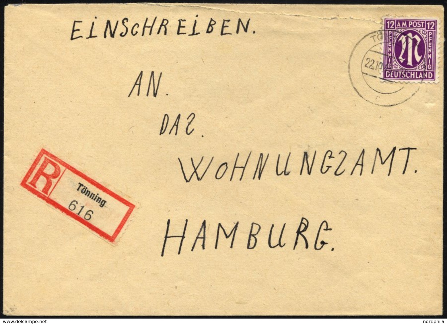 KIEL 1 BRIEF, 1945, R-Zettel Tönning Als 30 Pf.-Marke Verwendet Auf Einschreibbrief Nach Hamburg, Oben Leichter Öffnungs - Postes Privées & Locales