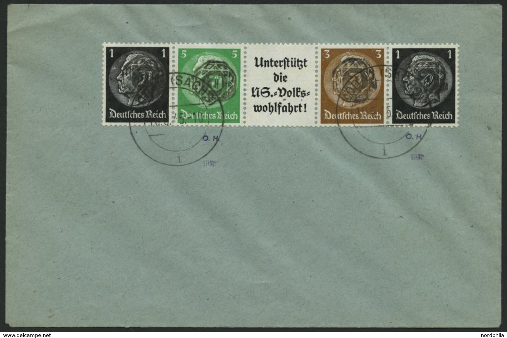 LÖBAU E 1 BRIEF, 1945, Einheitgeberstreifen 1 + 5 + A8.3 + 3 + 1 Auf Umschlag, Pracht, Gepr. Strum - Postes Privées & Locales