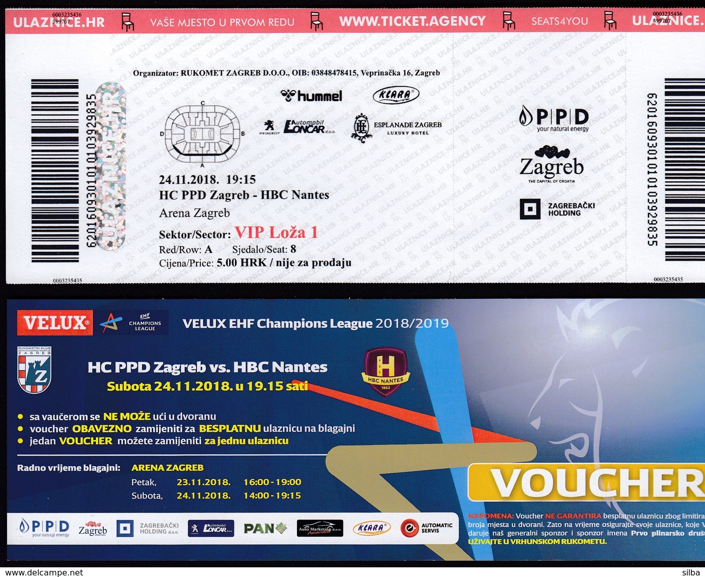 Croatia Zagreb 2018 / Arena / Handball / PPD Zagreb - HBC Nantes, France / Entry Ticket + Voucher + Game Brochure - Balonmano