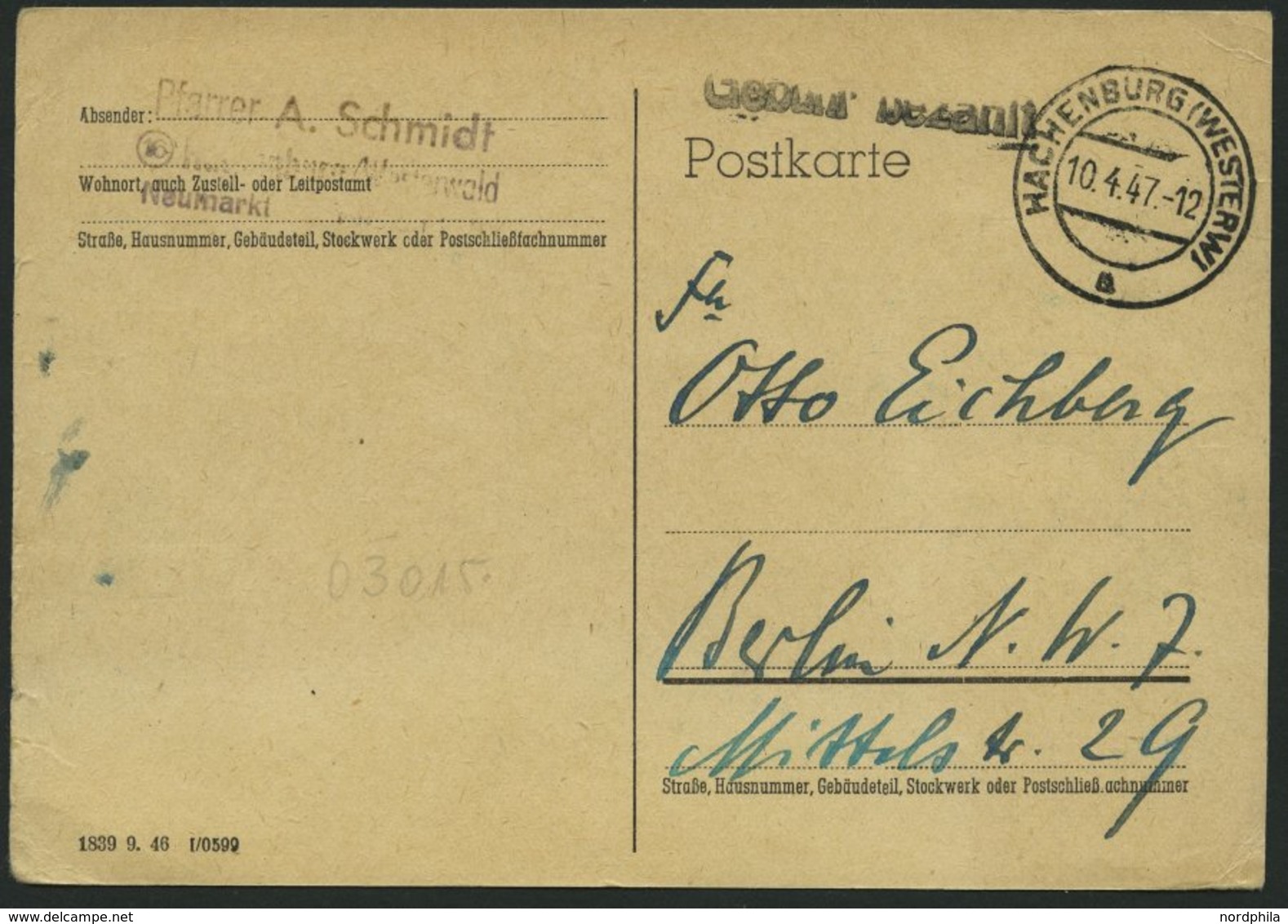 ALL. BES. GEBÜHR BEZAHLT HACHENBURG (WESTERW), 10.4.47, L1 Gebühr Bezahlt, Prachtkarte - Other & Unclassified