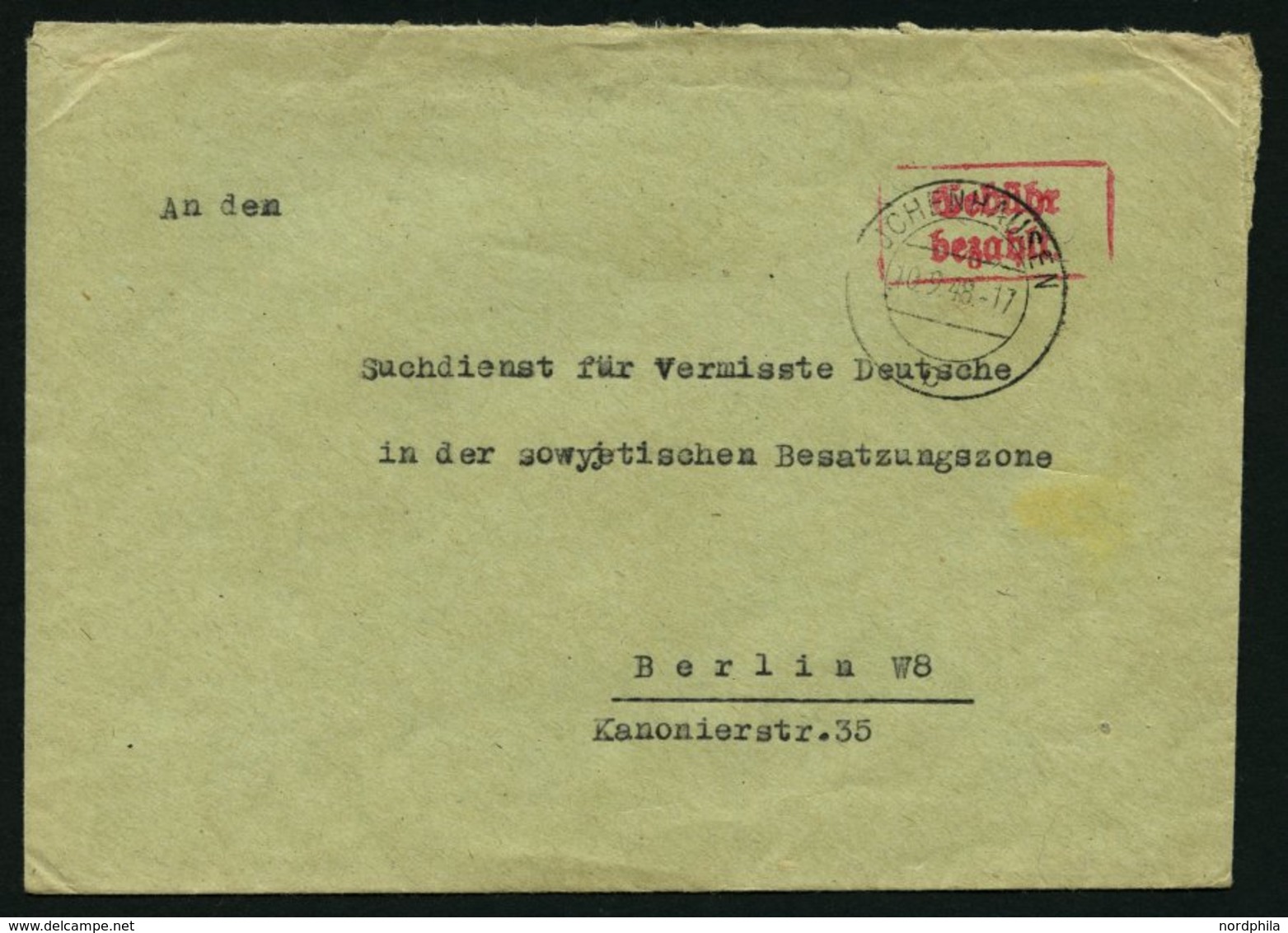 ALL. BES. GEBÜHR BEZAHLT ICHEHAUSEN, 10.9.48, Roter R2 Gebühr Bezahlt, Auf Brief An Den Suchdienst Für Vermisste Deutsch - Autres & Non Classés