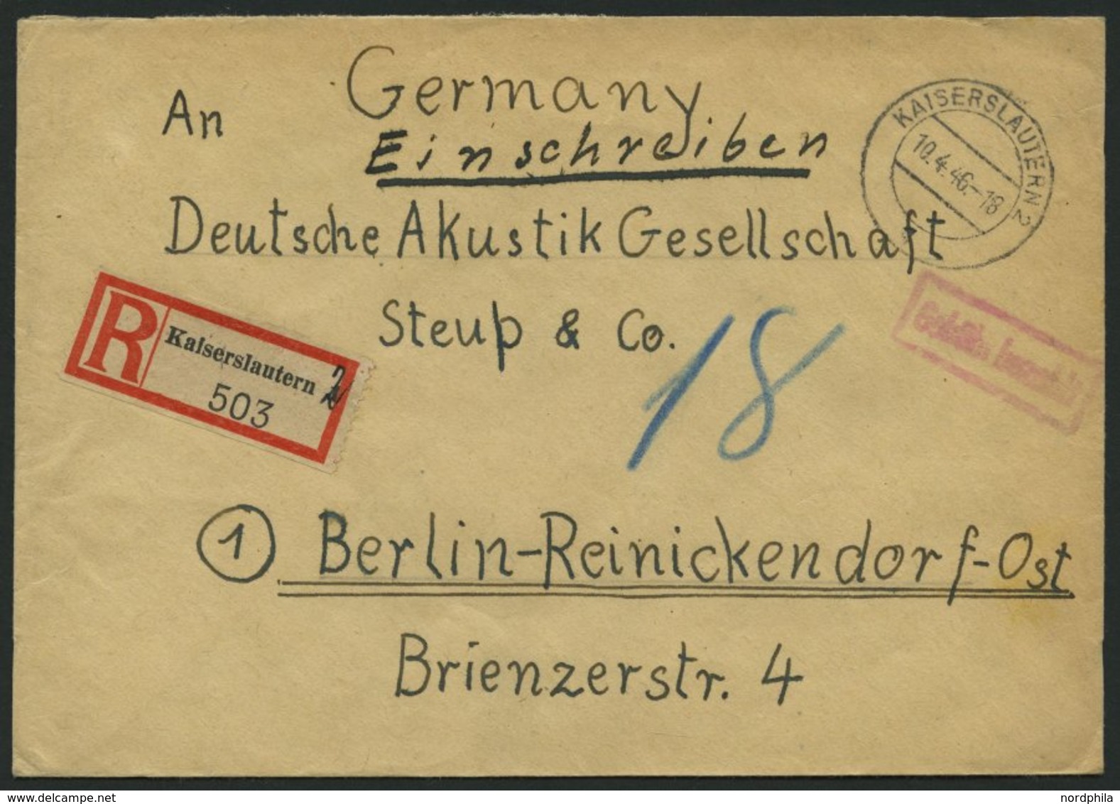 ALL. BES. GEBÜHR BEZAHLT KAISERSLAUTERN 2, 10.4.46, Violetter R1 Gebühr Bezahlt, Einschreibbrief, R-Zettel Handschriftli - Sonstige & Ohne Zuordnung