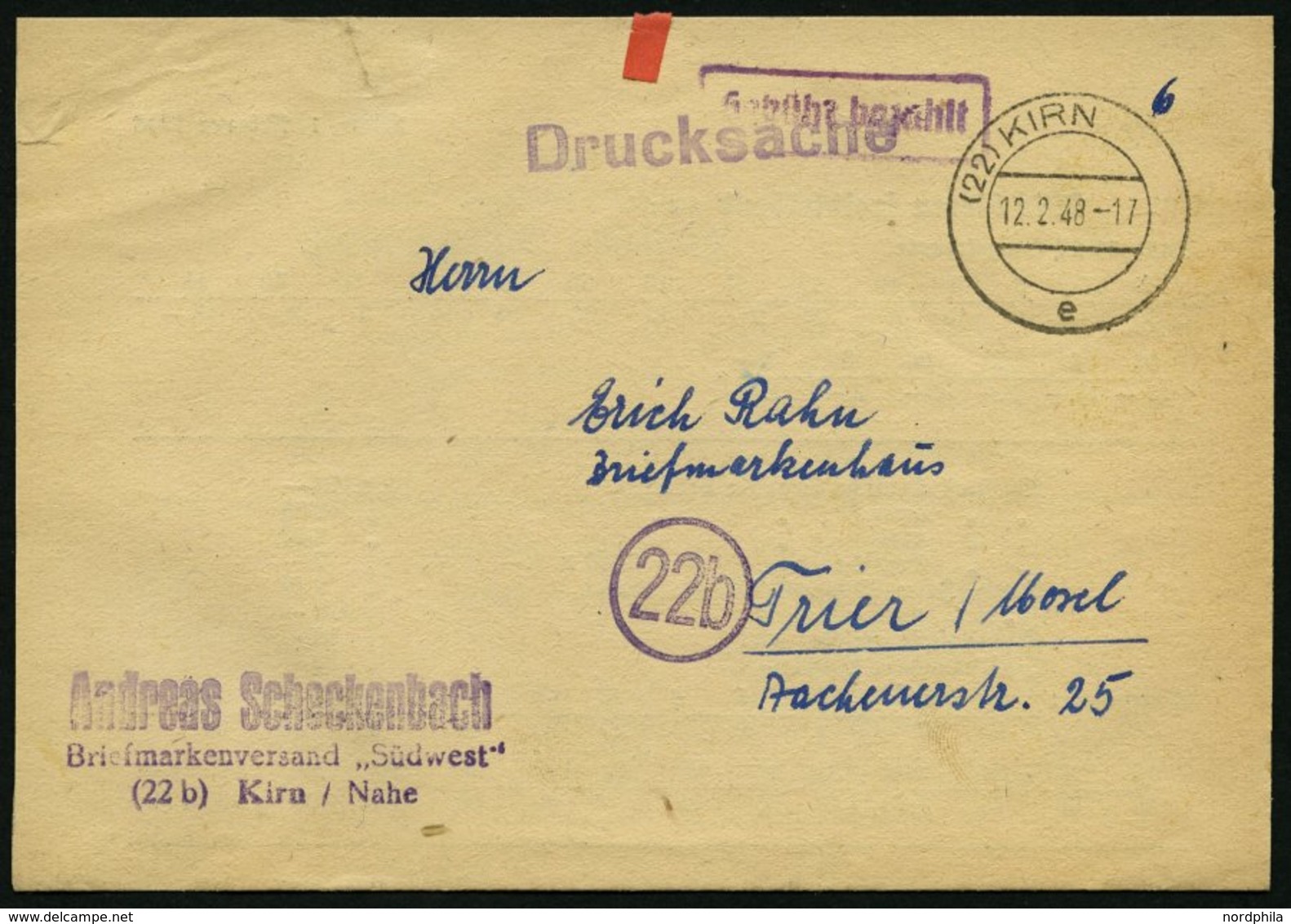 ALL. BES. GEBÜHR BEZAHLT (22)KIRN, 12.2.48. Violetter R1 Gebühr Bezahlt, Drucksache, Feinst - Sonstige & Ohne Zuordnung